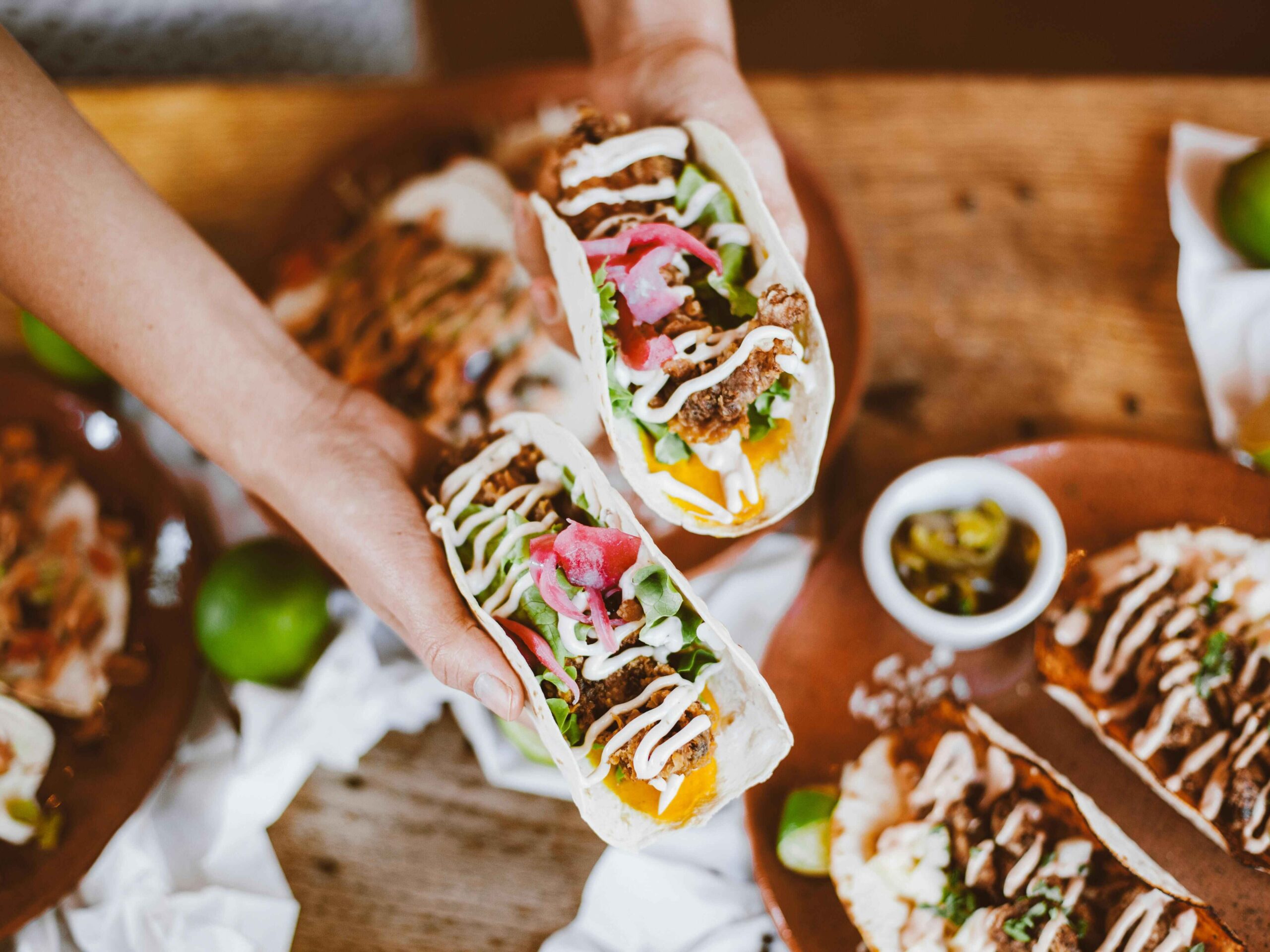 Kebab taco, a fusion food of Middle Eastern/South Asian kebab in the format of a Mexican taco.