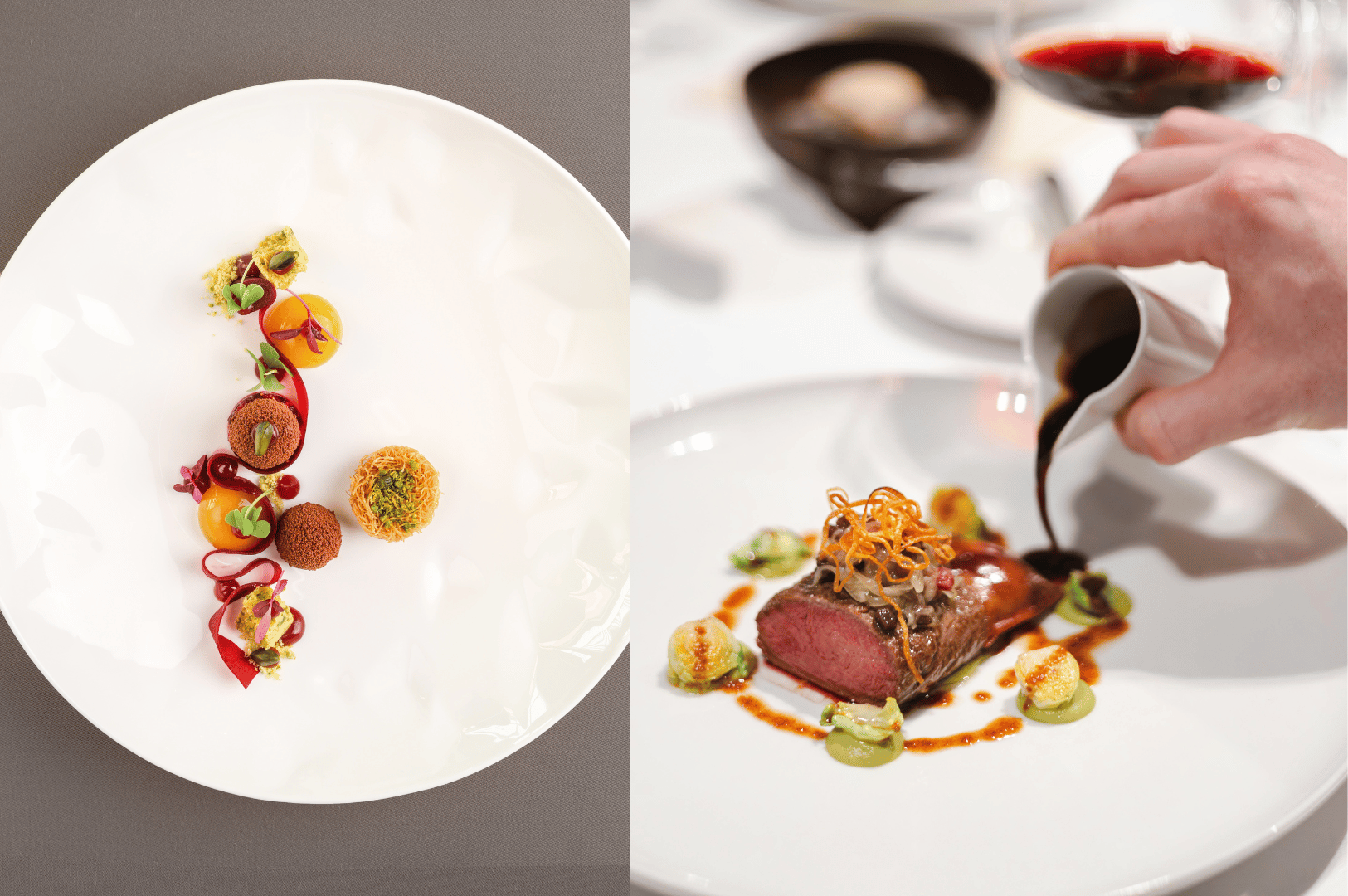 Split view of Michelin-level plating in Singapore: one dish with colorful gourmet bites and microgreens, the other with medium-rare beef and sauce being poured tableside in a fine dining setting.