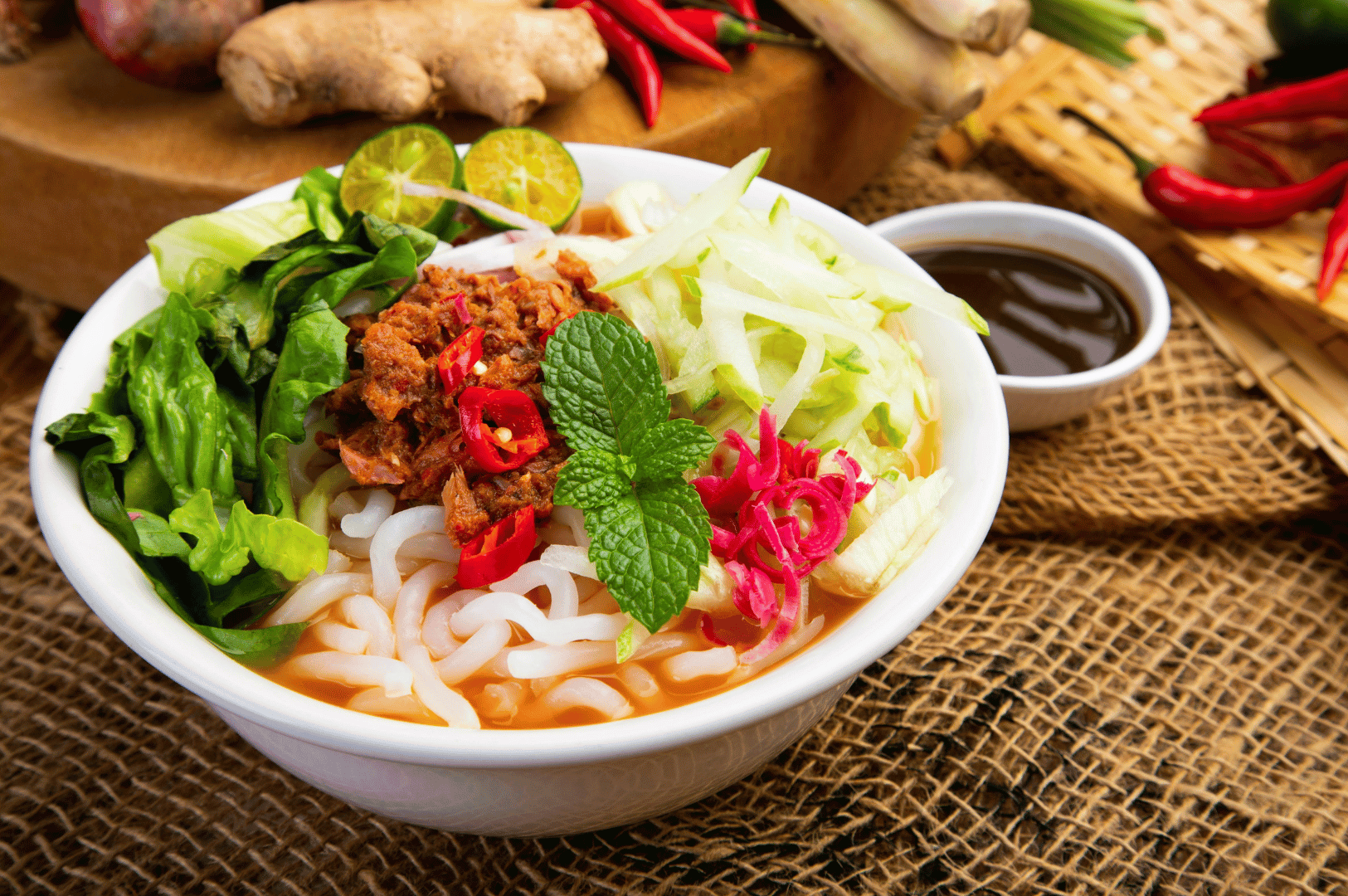 Traditional Vietnamese-style vegan noodle soup served in Singapore, featuring rice noodles in spicy broth with fresh herbs, pickled vegetables, and lime on a woven mat.