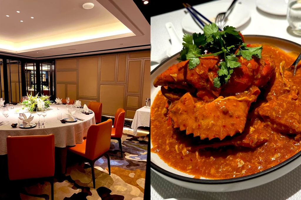 n elegant, sophisticated dining room at JUMBO Signatures in Marina Bay Sands, featuring their iconic, award-winning Singapore-style chili crab as the centerpiece for a premium dining experience.