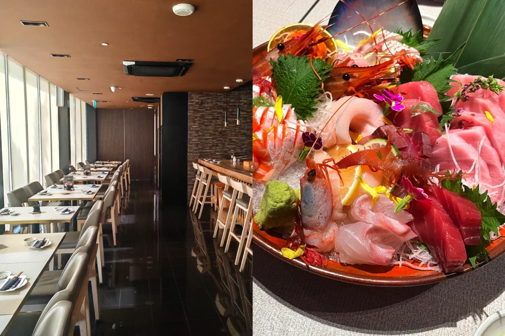 The sleek, modern interior of Sen of Japan at Marina Bay Sands, showcasing a beautifully plated Chef’s Omakase sashimi platter filled with fresh, high-quality seafood on a bed of ice.