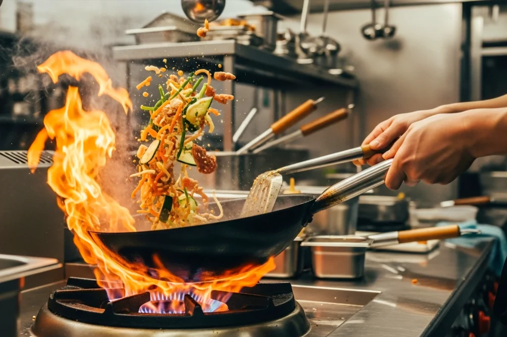 Chef cooking stir‑fried vegetables in a flaming wok inside a professional kitchen, with ingredients mid‑air during high‑heat cooking.