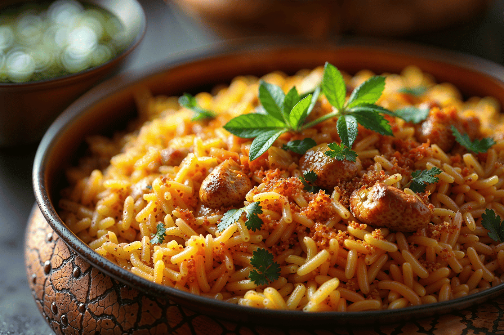 Close-up of spiced rice with grilled chicken and fresh herbs in a rustic bowl, showcasing vibrant flavors typical of Little India’s cuisine.