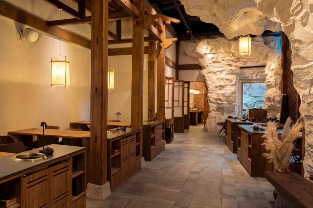 Modern restaurant interior featuring wooden beams, warm ambient lighting, stone wall accents, and neatly arranged dining tables for a cozy dining atmosphere.