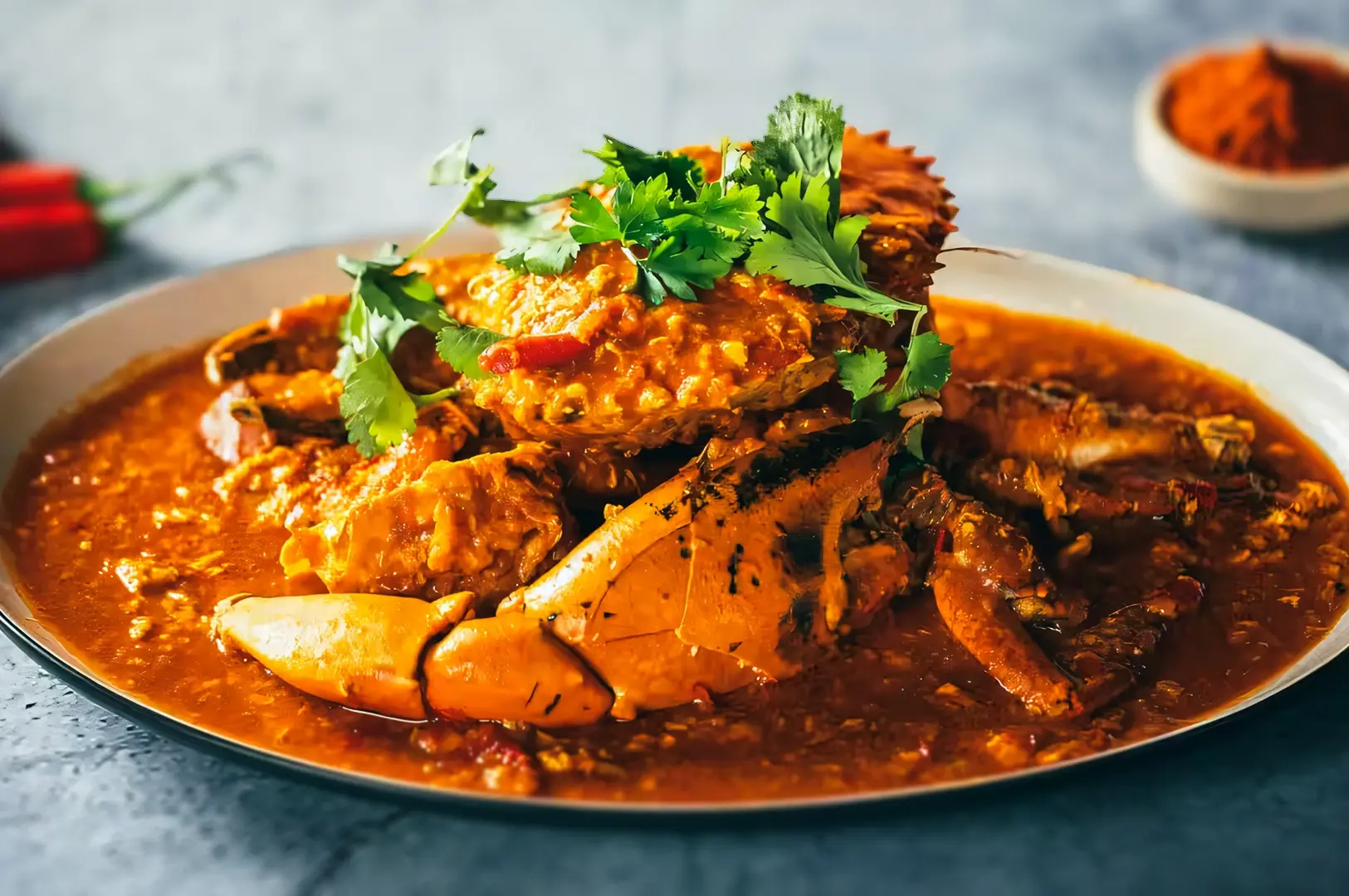 Singapore chili crab served on a plate with rich spicy-sweet chili sauce and fresh cilantro garnish.