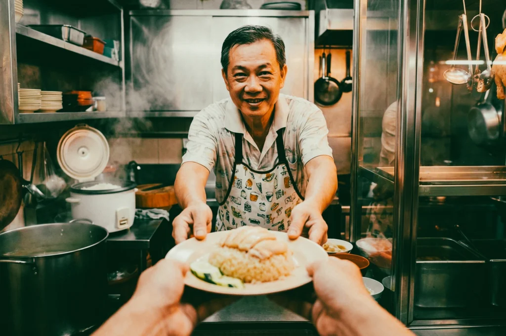 Point-of-view, eye-level shot of a smiling chef handing over a plate of Hainanese chicken rice in a busy Singapore hawker kitchen filled with steam and cookware.