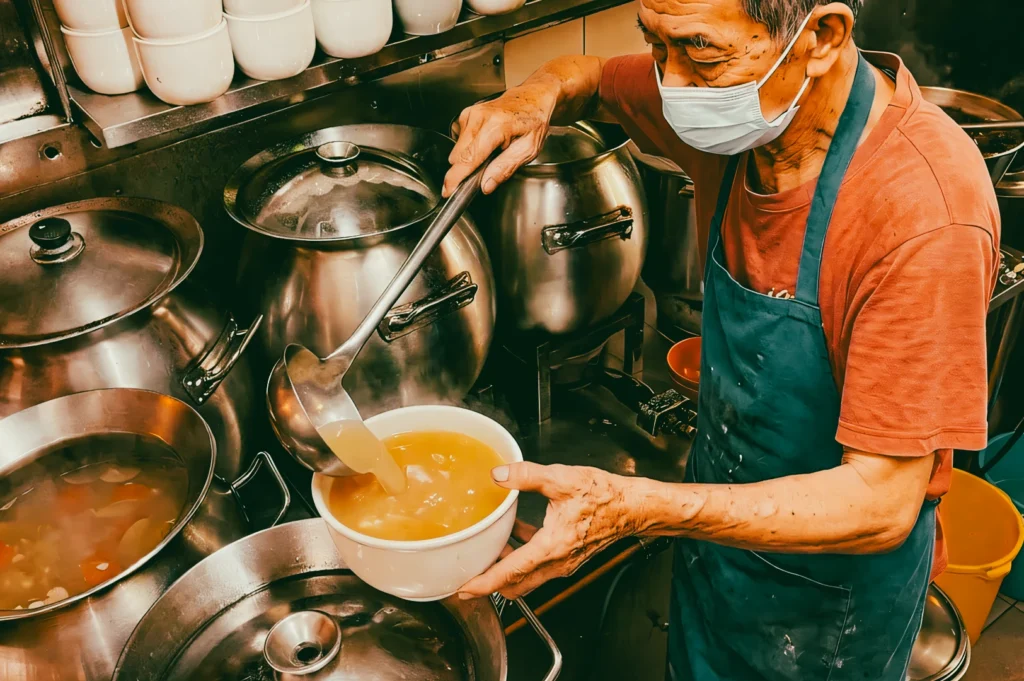High-angle close-up of a food stall worker wearing a face mask and apron ladling hot yellow-orange soup from a stainless steel pot into a white bowl inside a commercial kitchen.