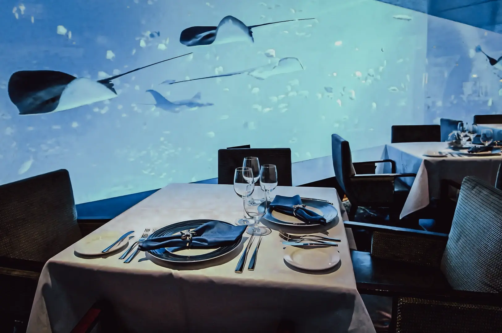 Wide-angle interior shot of an underwater-themed restaurant with aquarium wall backdrop, white table settings, and blue ambient lighting for a luxury dining experience.