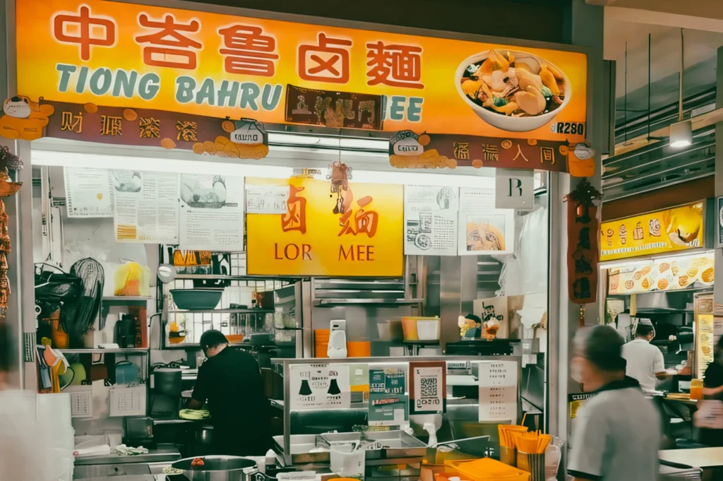 Eye‑level wide shot of Tiong Bahru Lor Mee hawker stall in Singapore, showing bright signage, kitchen setup, menu boards, and staff working behind the counter in a busy food centre.