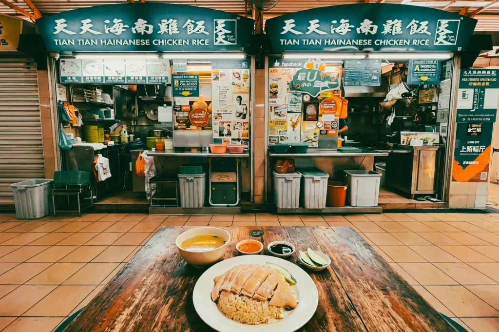 Wide-angle, eye-level shot of a plate of Tian Tian Hainanese chicken rice on a wooden table, with the famous Singapore hawker stall and green signage visible in the background.