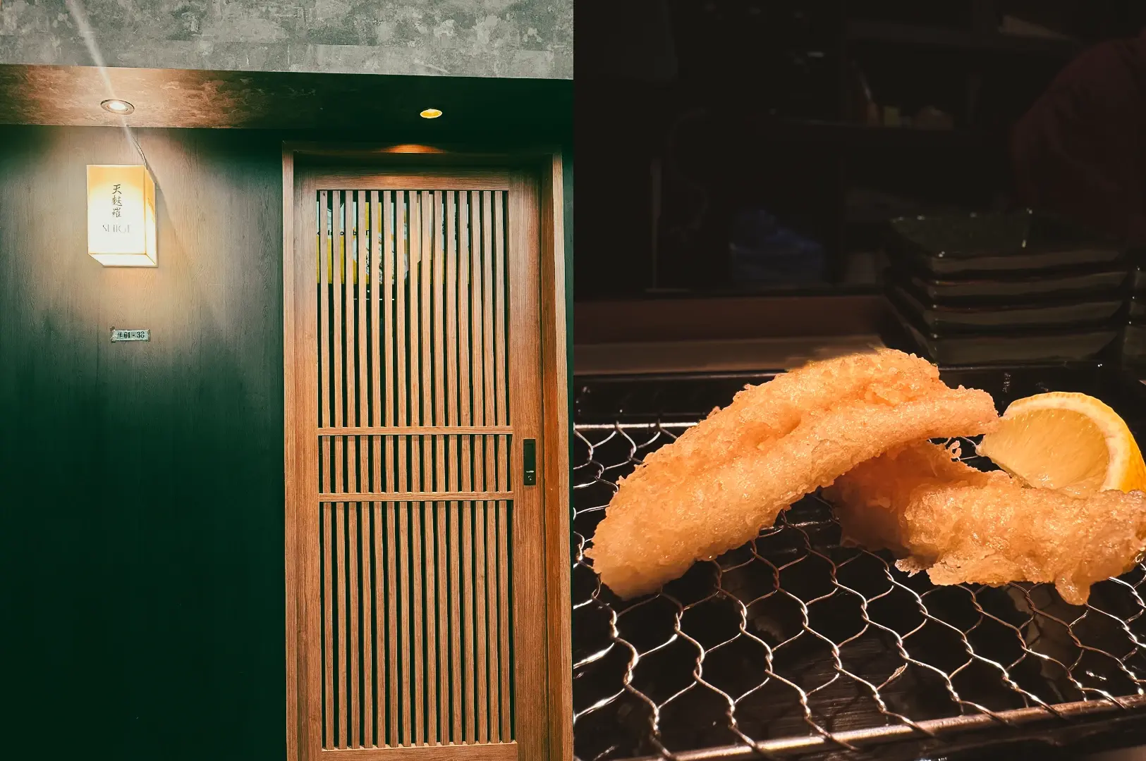 Left: straight-on shot of Tempura Shige’s discreet wooden entrance at Orchard Plaza inspired by a Tokyo alleyway. Right: macro close-up of freshly fried tempura on a wire rack
