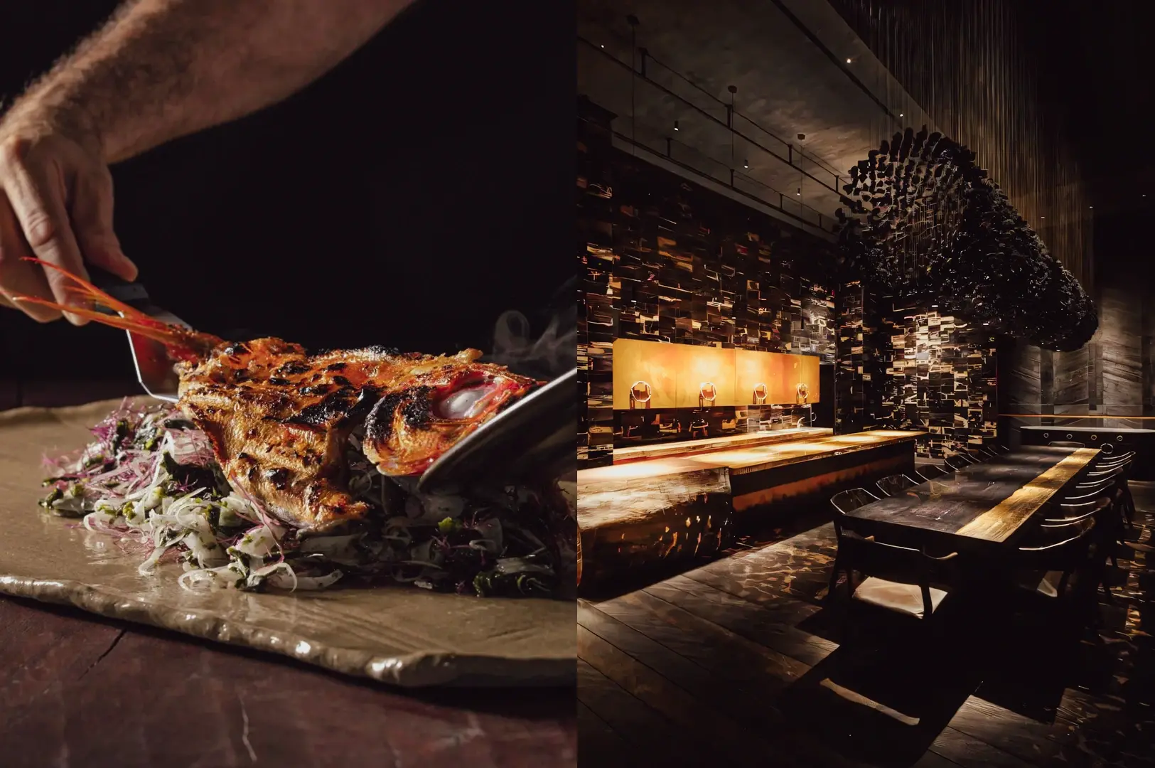 Side-angle close-up food shot paired with a wide-angle interior shot of a bar and grill restaurant, featuring a flame-grilled steak being plated alongside a moody, modern dining space with warm lighting and long communal tables.