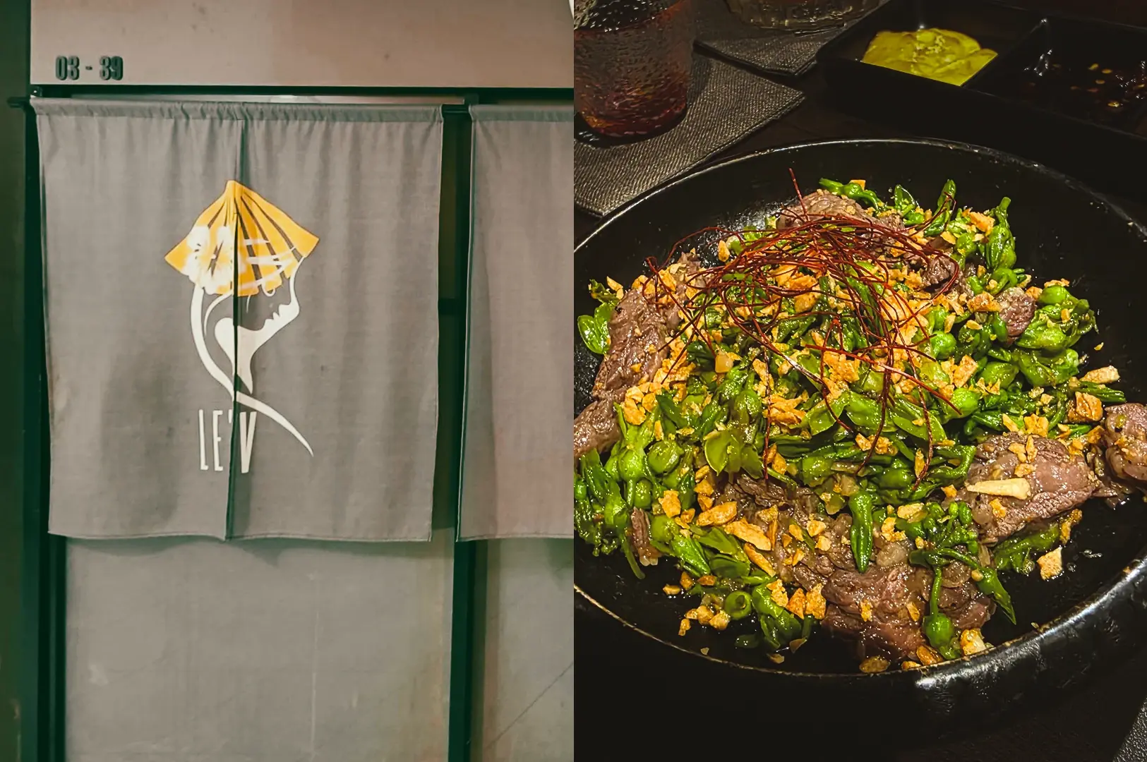 Left: straight-on shot of LE’V entrance at Orchard Plaza with modern Japanese-inspired noren curtain. Right: close-up of wagyu beef stir-fry with green vegetables in Japanese-Vietnamese fusion style