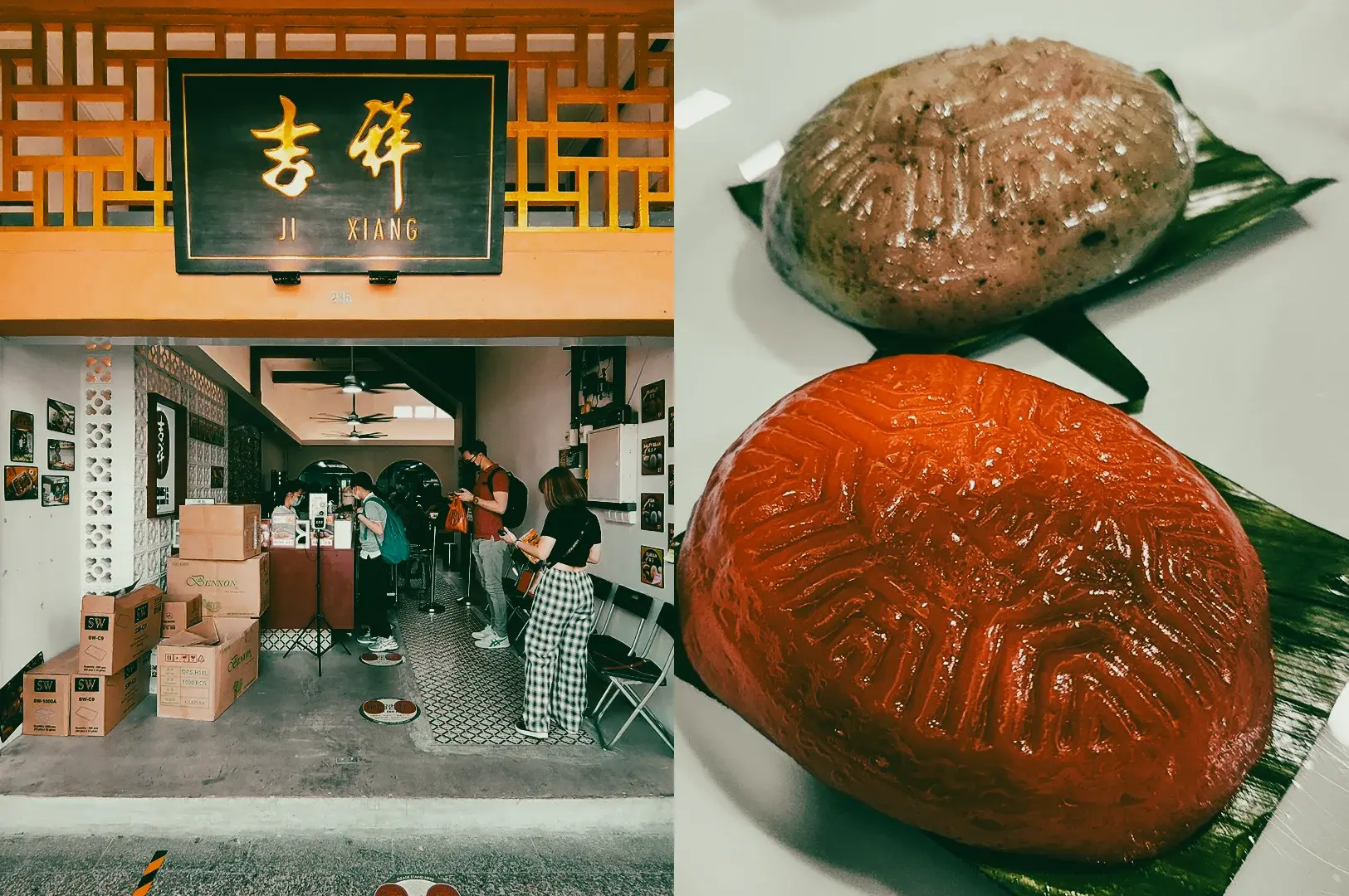 Split image shown in a straight‑on eye‑level view: Left shows the exterior of Ji Xiang Ang Ku Kueh shop with its Chinese signboard, open entrance, and customers lining up inside; Right shows a close‑up top‑down shot of traditional ang ku kueh pastries, including red and brown varieties, resting on banana leaves.