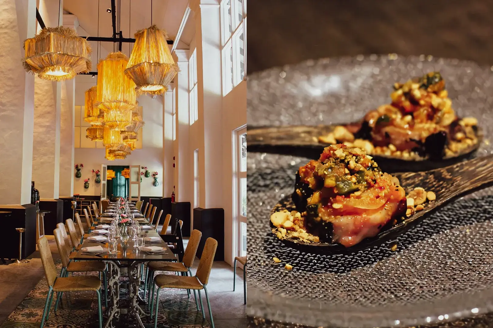Wide-angle interior shot paired with a macro close-up food shot of a Peranakan restaurant, showcasing an elegant dining room with warm lighting alongside a beautifully plated Peranakan dish, highlighting traditional heritage cuisine in a refined fine dining setting.