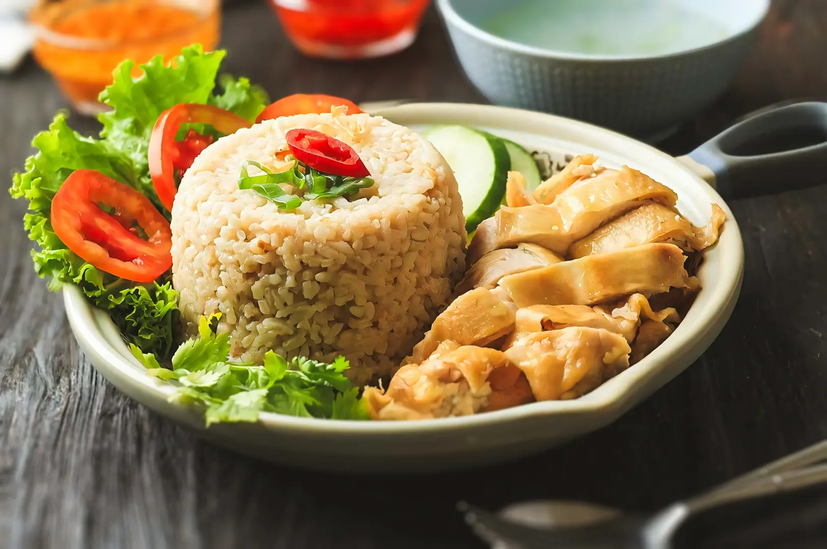 Eye‑level food photography of Singapore Hainanese chicken rice with sliced poached chicken, seasoned rice, cucumber, and chili garnish.