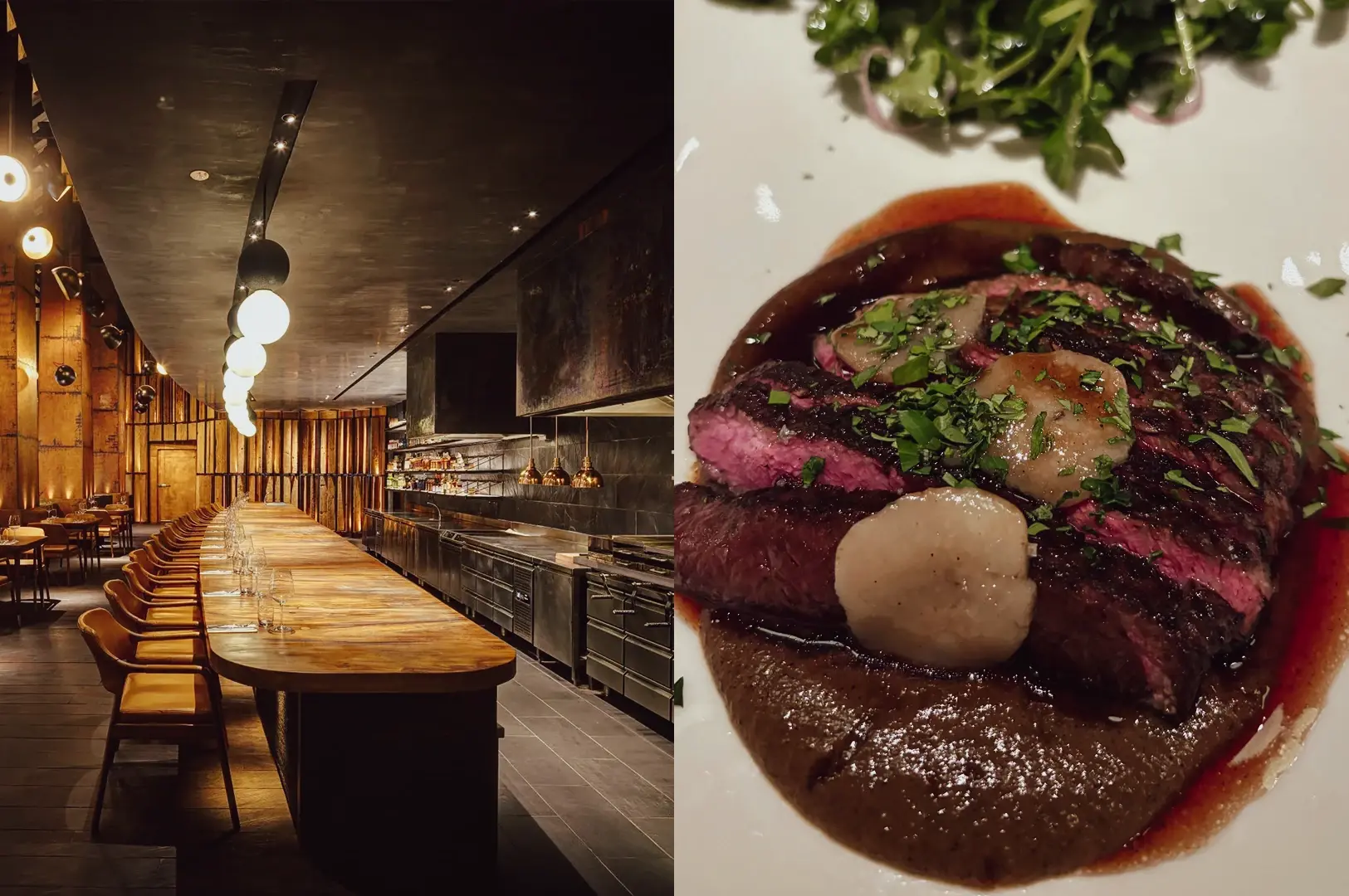 Wide-angle interior bar shot combined with a top-down close-up food shot of a bar and grill restaurant, featuring a modern open bar with ambient lighting alongside a perfectly grilled steak dish, emphasizing premium grilled cuisine and contemporary dining atmosphere.