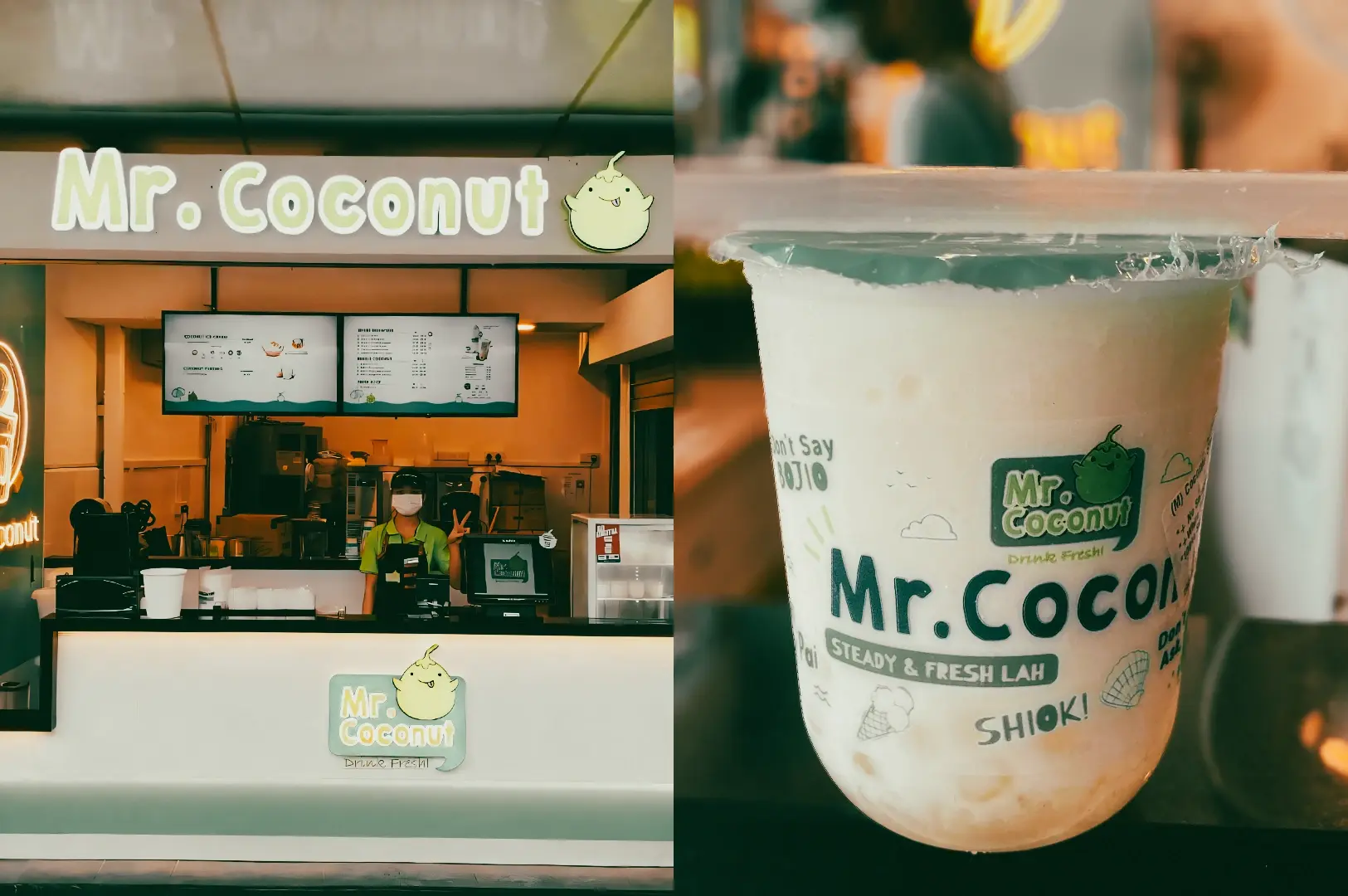 Split image displayed in an eye‑level perspective: Left shows the Mr. Coconut stall counter with illuminated signage and menu boards in a shopping area; Right features a close‑up three‑quarter angle shot of a Mr. Coconut drink cup filled with fresh coconut beverage and ice.