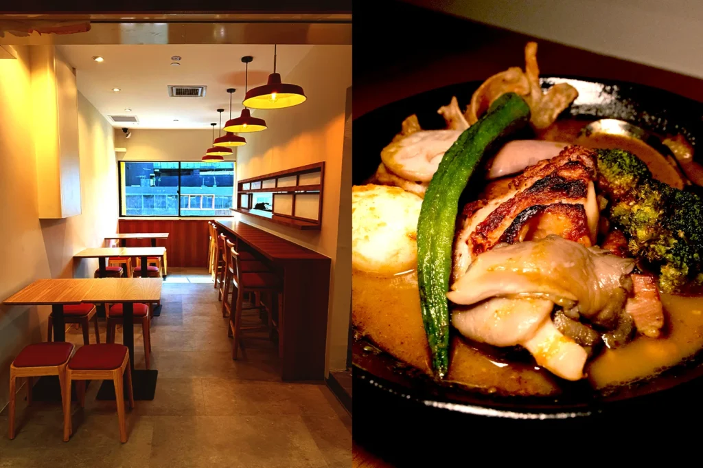 A split-view image of Soup Curry by Ki-setsu in Singapore, showcasing its cozy, warm-lit izakaya interior with wooden tables and counter seating on the left, and a rich, flavorful bowl of traditional Hokkaido-style soup curry filled with grilled chicken, vegetables, and a boiled egg on the right.