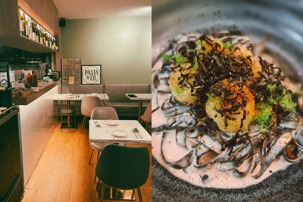 Left: Eye-level wide-angle interior of Pasta & Co at Fortune Centre, showing a cozy modern dining space with marble-top tables, cushioned seating, wooden flooring, open kitchen counter with shelves of bottles, and a wall sign reading ‘PASTA & CO’; Right: Close-up, top-down shot of a plated squid ink pasta dish with dark noodles in a creamy sauce, garnished with herbs, roe, and crispy seaweed, highlighting contrasting colors, textures, and fine dining presentation.
