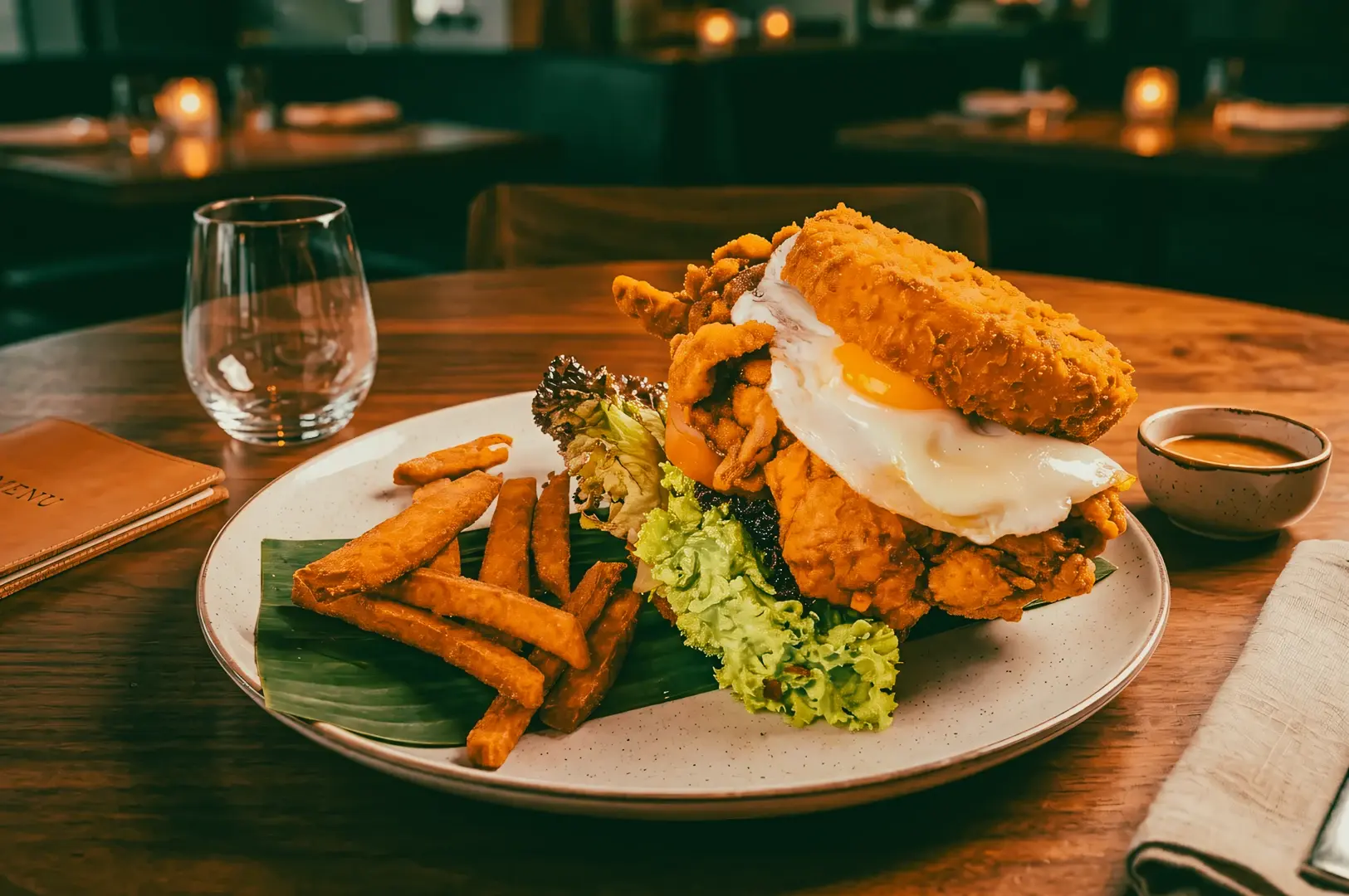 Nasi lemak–inspired fried chicken burger with runny egg and sambal, a modern take on iconic Singapore hawker food.