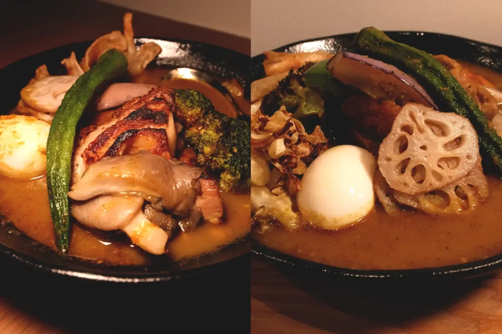 Split view comparing a bowl of rich chicken soup curry with tender meat on the left and a colorful loaded vegetable soup curry on the right.