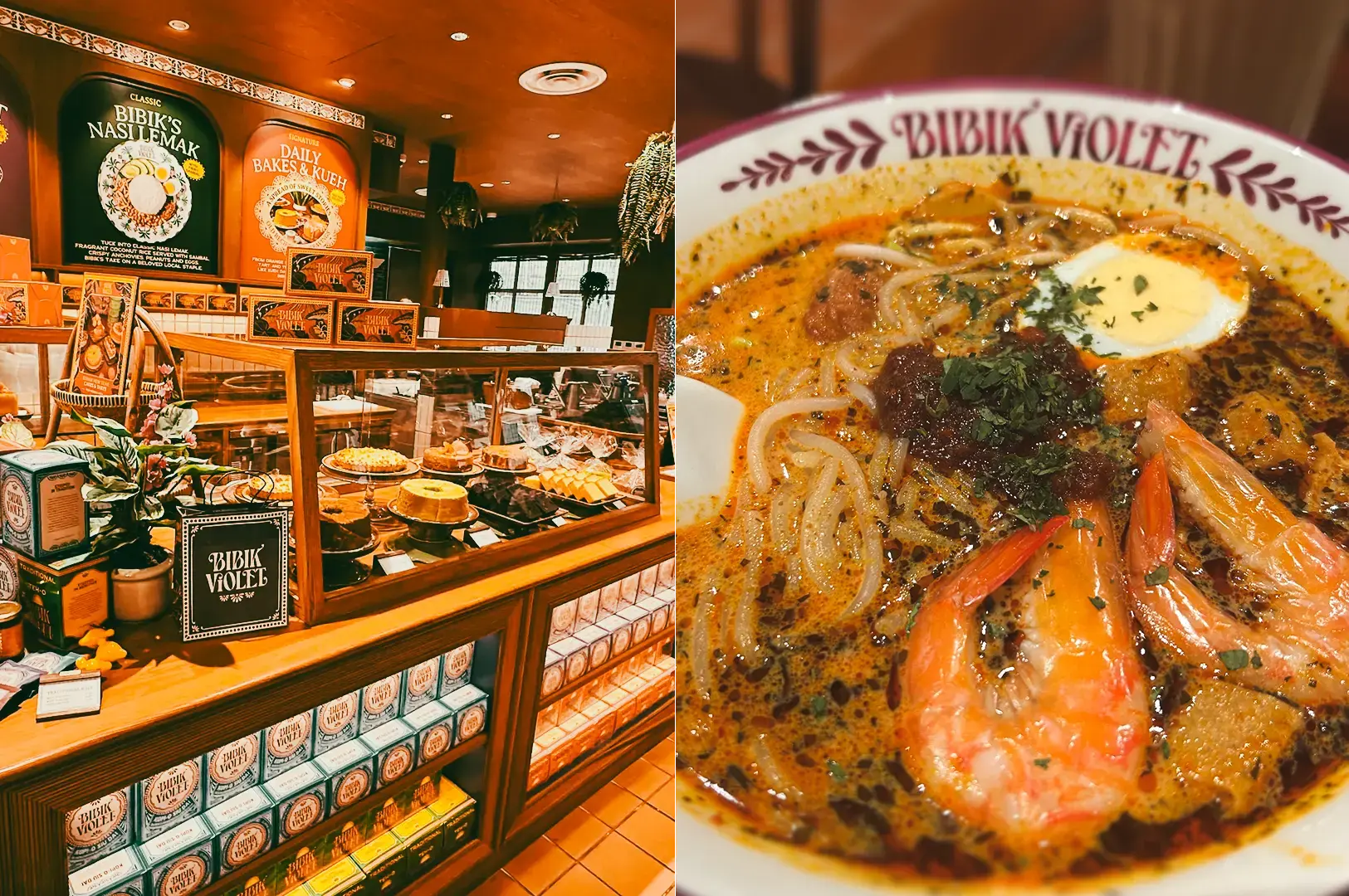 Left: Wide-angle, eye-level shot of a Peranakan cafe and bakery interior featuring a glass display counter filled with cakes and pastries, branded Bibik Violet packaging stacked below, and decorative signage reading ‘Bibik’s Nasi Lemak’ and ‘Daily Bakes & Kueh’; warm lighting, wooden surfaces, and patterned accents convey a heritage-inspired Singapore dining space. Right: Close-up, top-down view of a bowl of orange curry laksa topped with prawns, noodles, herbs, and a halved egg; the rich broth surface, layered ingredients, and contrasting colors are clearly defined under even lighting.