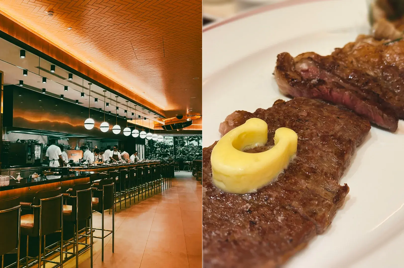 Left: Wide-angle, eye-level interior shot of a lively bar-style restaurant with a long counter, high stools, globe pendant lights, and an open kitchen where multiple chefs work behind the counter; warm overhead lighting reflects off metal surfaces and tiled flooring, creating an energetic upscale dining environment. Right: Tight close-up, three-quarter angle of seared beef slices on a white plate topped with a curved pat of yellow butter; the browned surface, visible juices, and coarse salt texture are emphasized by soft lighting and shallow focus for a detailed food presentation.