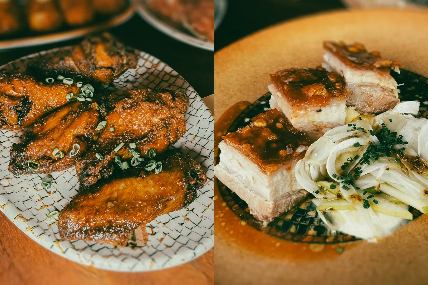 Split-image close-up shot at 45-degree angle of Spanish tapas at Sabor Chijmes Singapore: left shows Dirty Pepe chicken wings glazed and crispy with scallions, right shows crispy pork belly with golden crackling served with onions and herbs