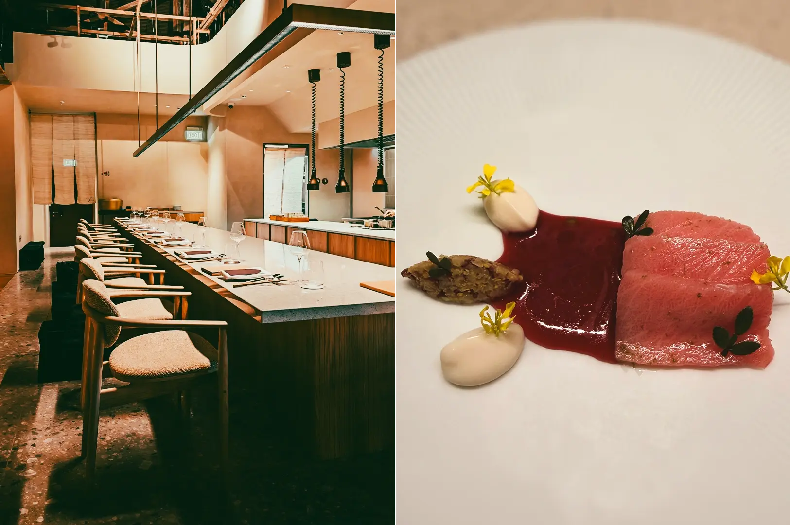 Left: Wide-angle, eye-level shot of a modern open-kitchen restaurant interior with a long counter lined by cushioned bar stools, minimalist table settings, and suspended black pendant lights; warm neutral walls, wood cabinetry, and clean architectural lines define a contemporary mid-range Singapore restaurant space. Right: Close-up, top-down plated dish presented on a white plate, featuring a rectangular slice of pink meat beside pools of deep red sauce, pale cream dollops, small garnishes, and delicate yellow flowers; soft, even lighting highlights smooth sauces, glossy textures, and precise fine dining plating.
