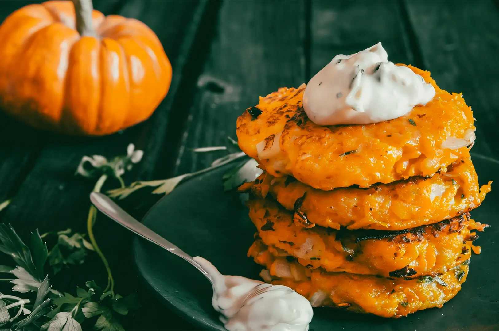 Close‑up of crispy pumpkin fritters stacked with herbed cream, highlighting plant‑forward fine dining trends in Singapore.