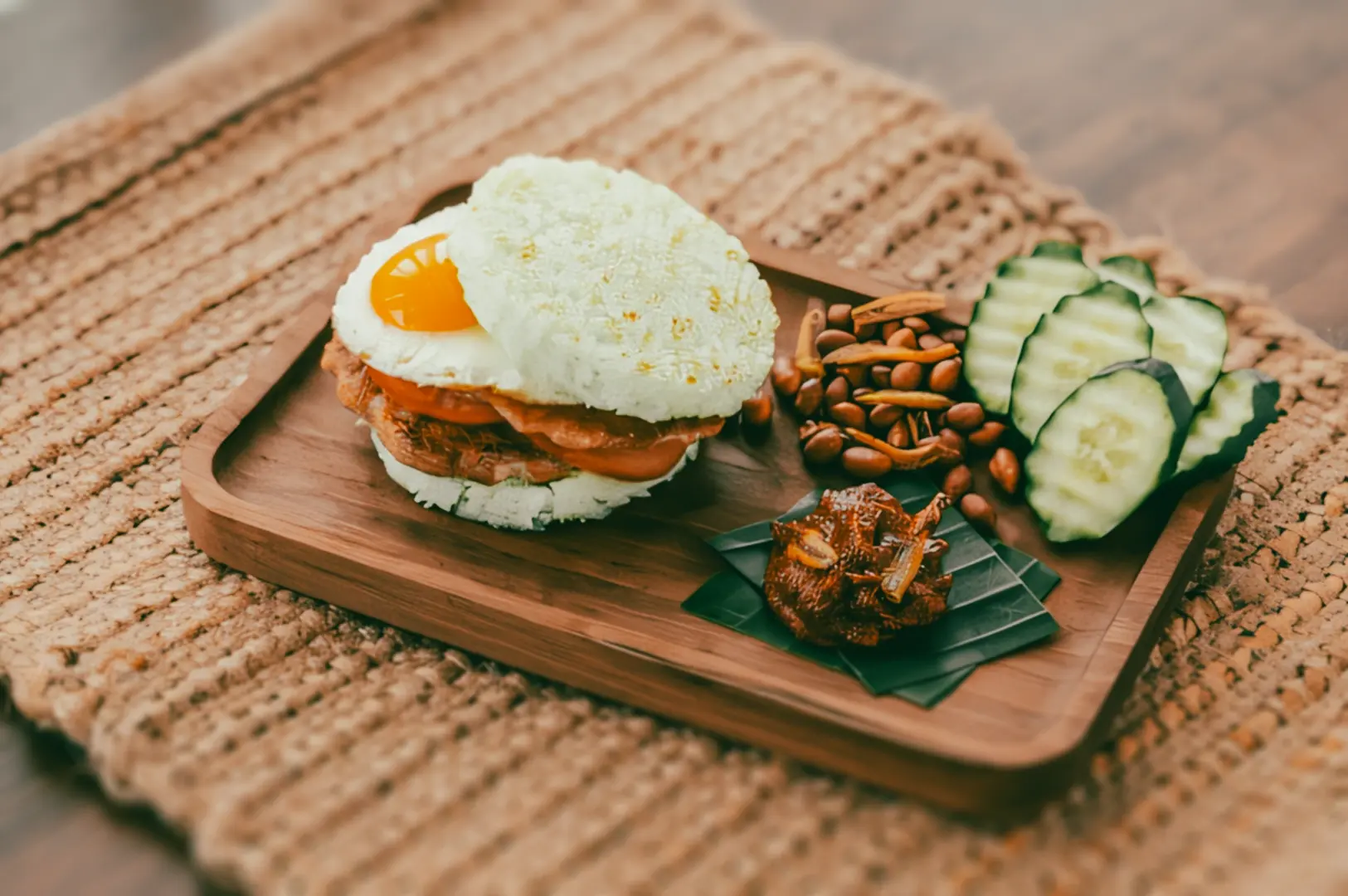 Singapore local dish with fried egg, rice cake, peanuts and cucumber on wooden plate, representing traditional hawker food and fusion cuisine Singapore, top-down close-up food photography