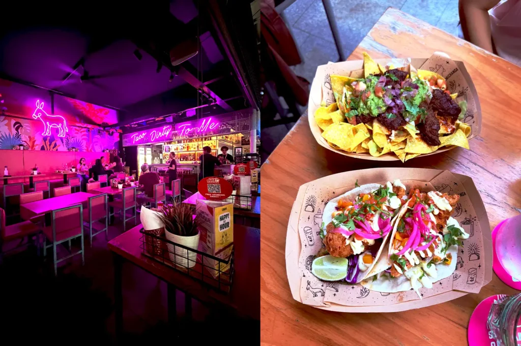 The vibrant, neon-decorated setting of Chimi's Mexican restaurant near Somerset, serving fresh fish tacos and loaded nachos, ideal for a casual late-night dining experience.
