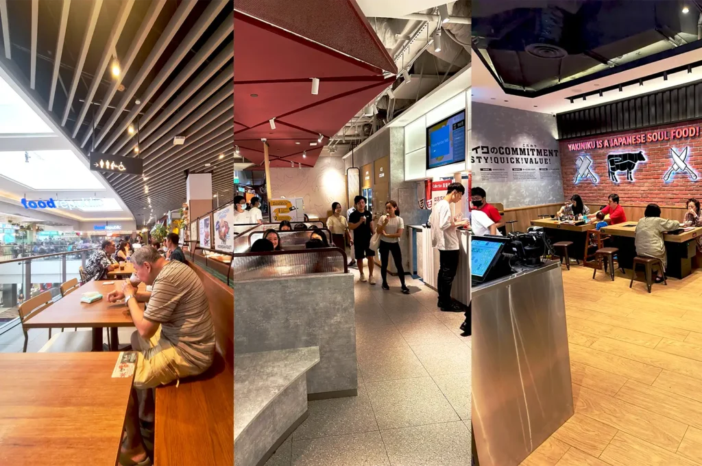 A collage of popular and diverse food spots at Somerset, offering various casual dining environments perfect for late-night gatherings with friends.