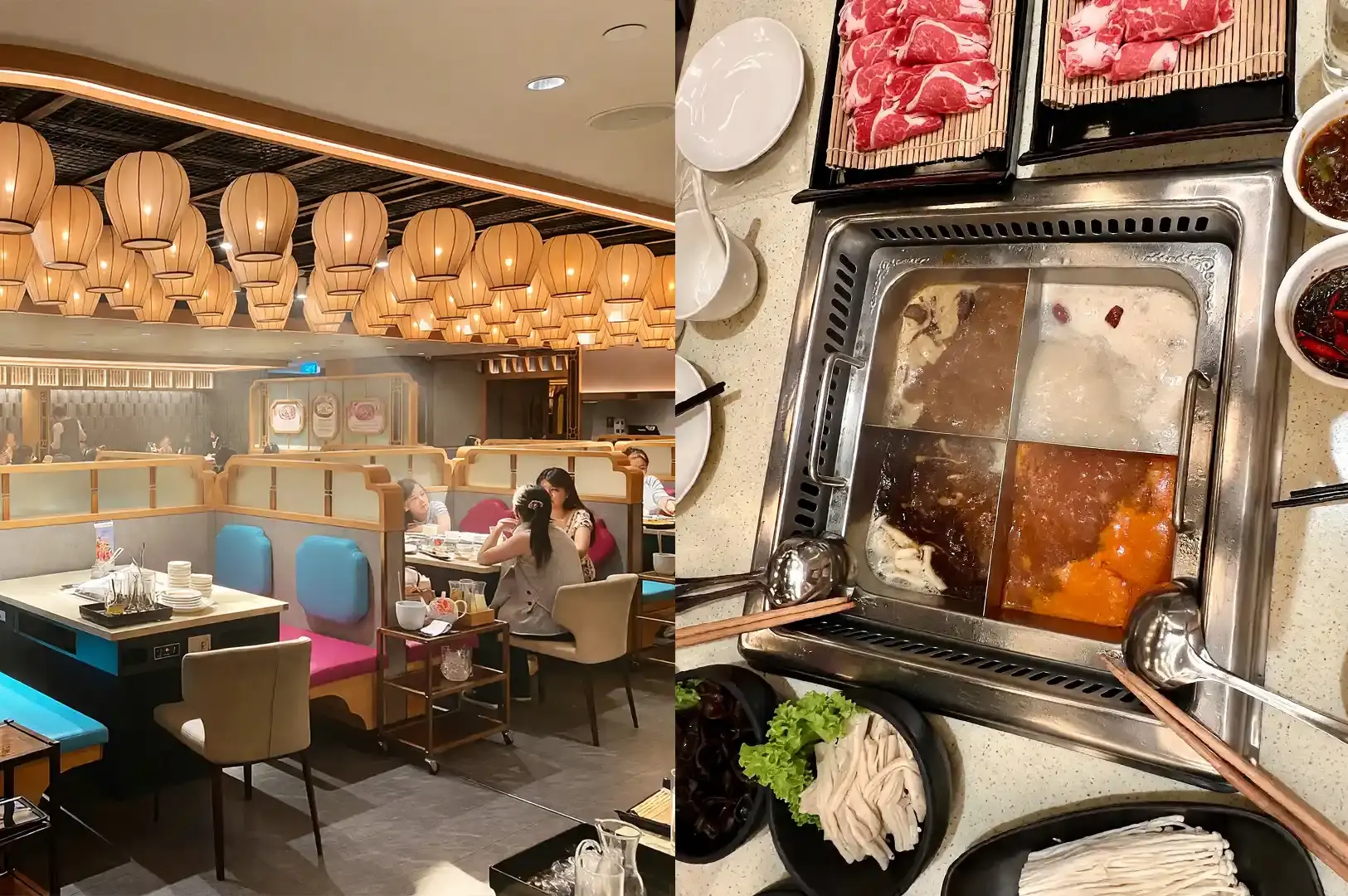 A split-view shot of Beauty in The Pot at Somerset, showing the elegant restaurant interior with warm lantern lighting and a spread of bubbling four-compartment hotpot of collagen-rich soup bases, with premium fresh ingredients.
