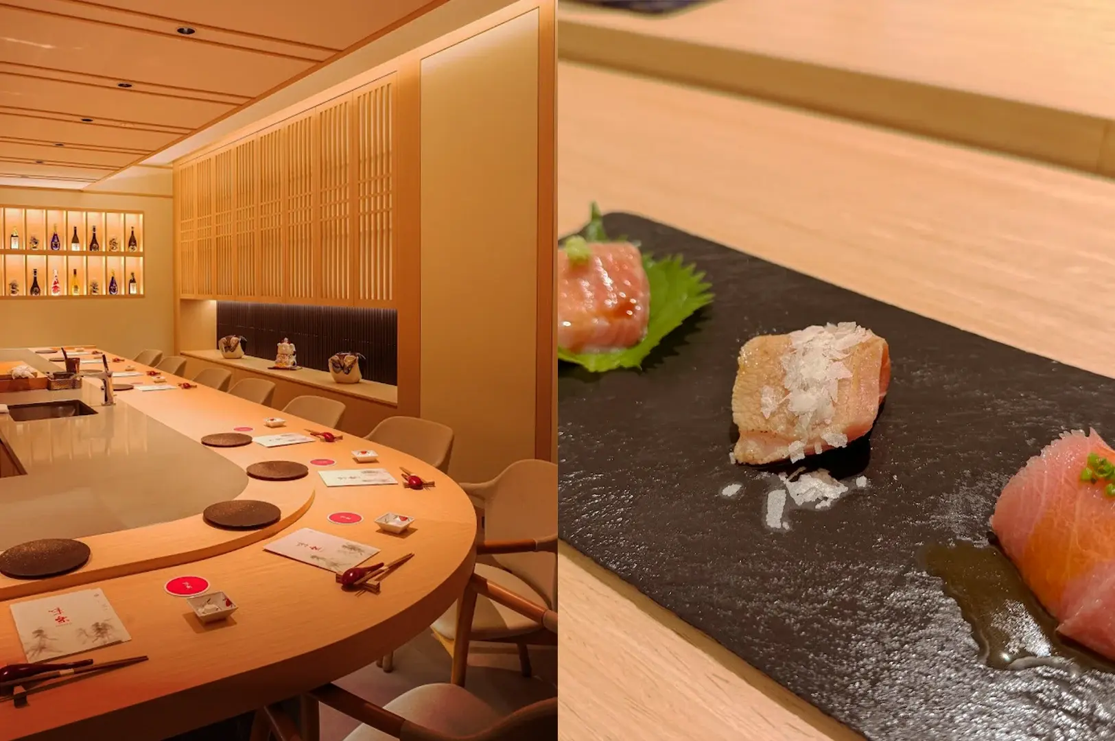 A split-view image featuring the minimalist wood-paneled counter dining area at Miraku in Tanjong Pagar, alongside a close-up of delicate, expertly prepared Japanese sashimi, highlighting this sophisticated dining destination.