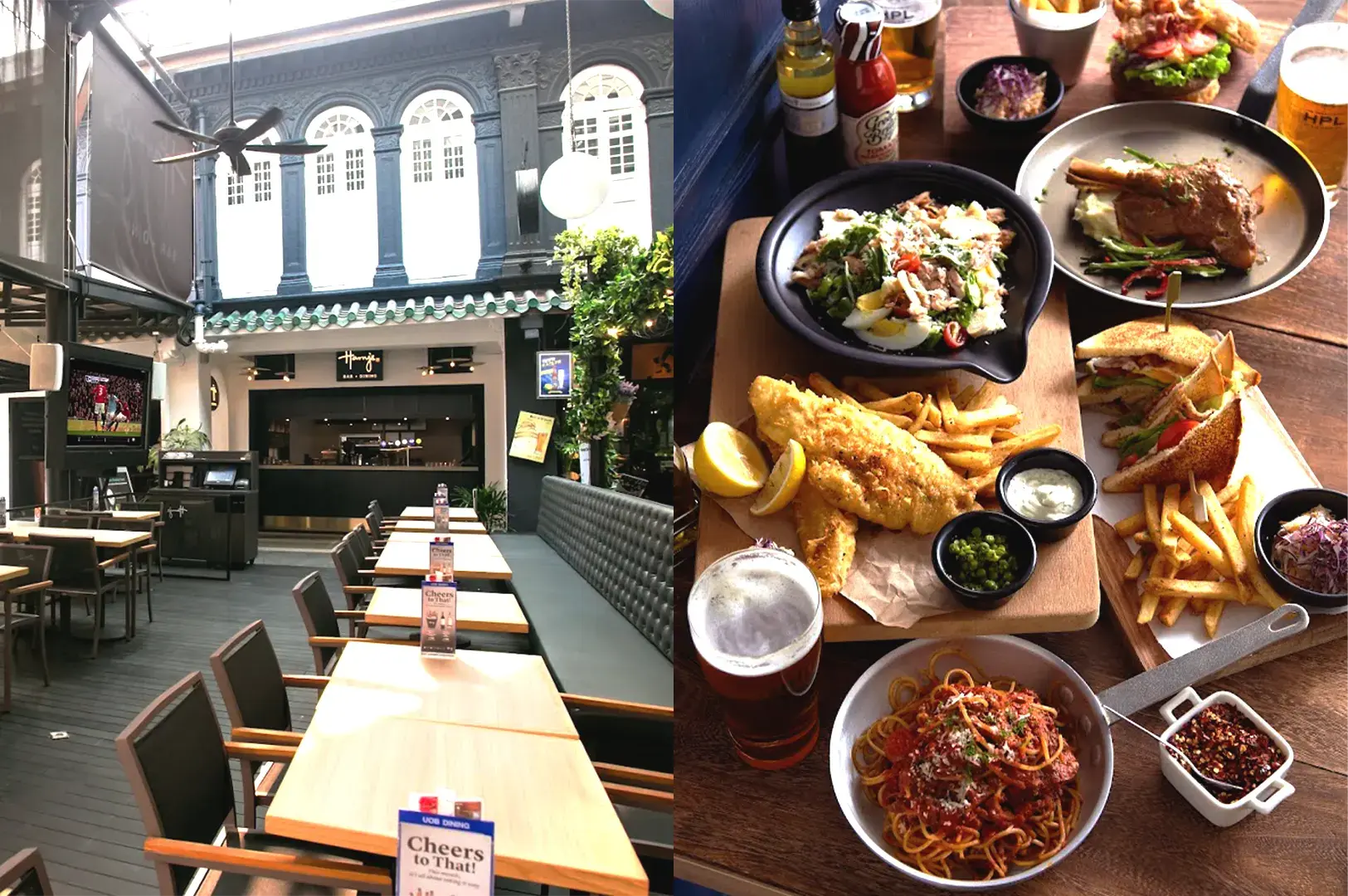 A split-view image from featuring the outdoor dining area at Harry's in Somerset, and a display of signature dishes including fish and chips, pasta, and beer, perfect for a casual late-night meal with friends.