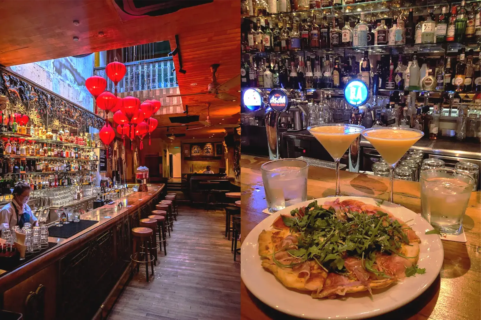 A split-view image showcasing No. 5 Emerald Hill, a popular cocktail bar in Somerset, featuring the rustic, Peranakan-inspired bar interior with warm red lantern lighting, and a close-up of cocktails and gourmet thin-crust pizza served on the wooden bar counter.