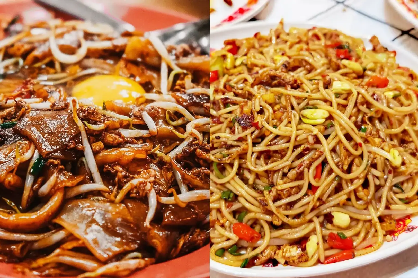 Two plates of stir-fried noodles, including authentic zi char from JB Ah Meng Restaurant, and wok hei noodles, capturing the variety of authentic local hawker dishes enjoyed during supper in Geylang.