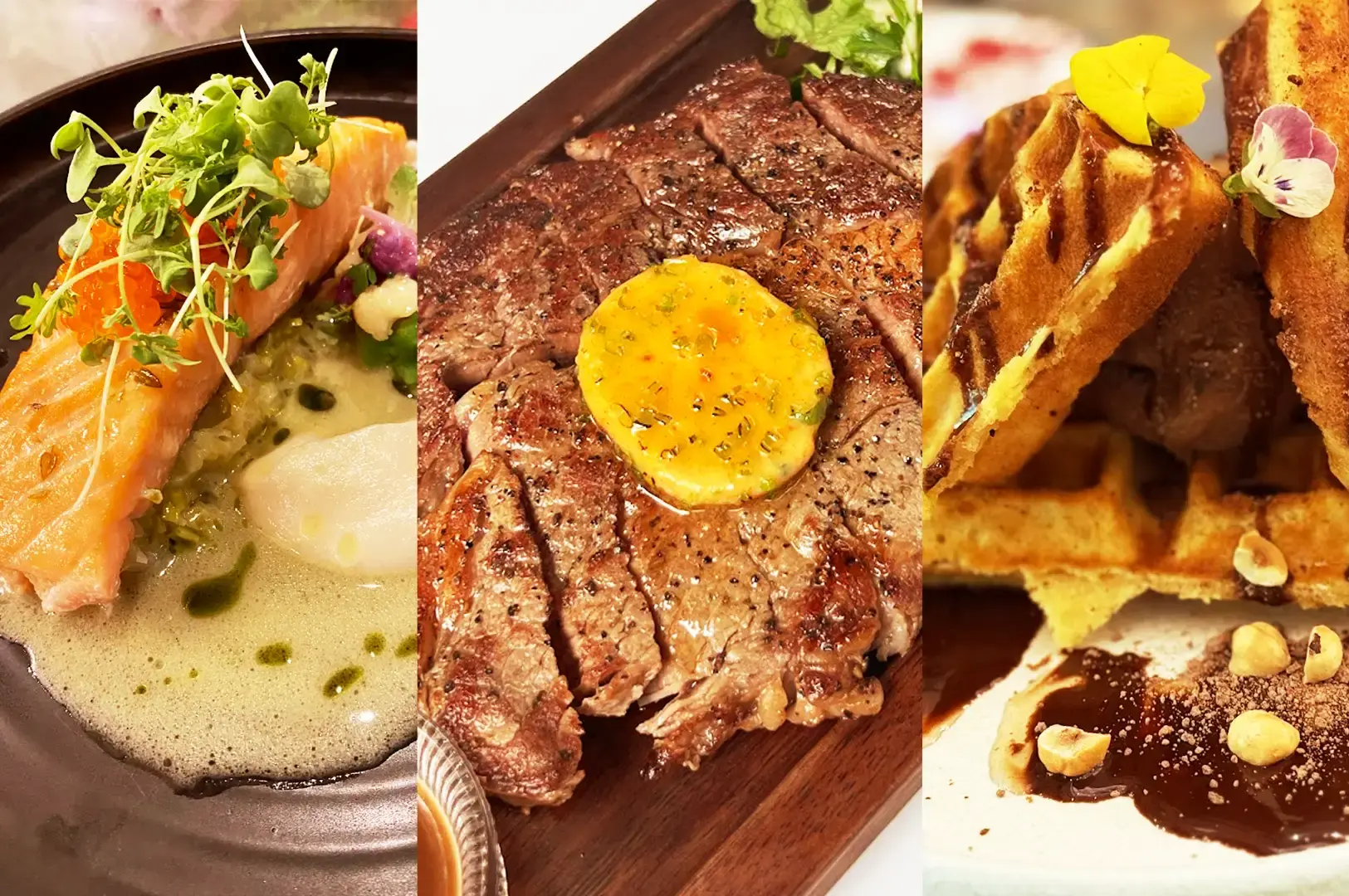 Gourmet brunch and dinner dishes at Le Jardin, Singapore, including pan-seared salmon, a premium grain fed rib-eye with herb butter, and decadent chocolate hazelnut belgian waffles topped with edible flowers.