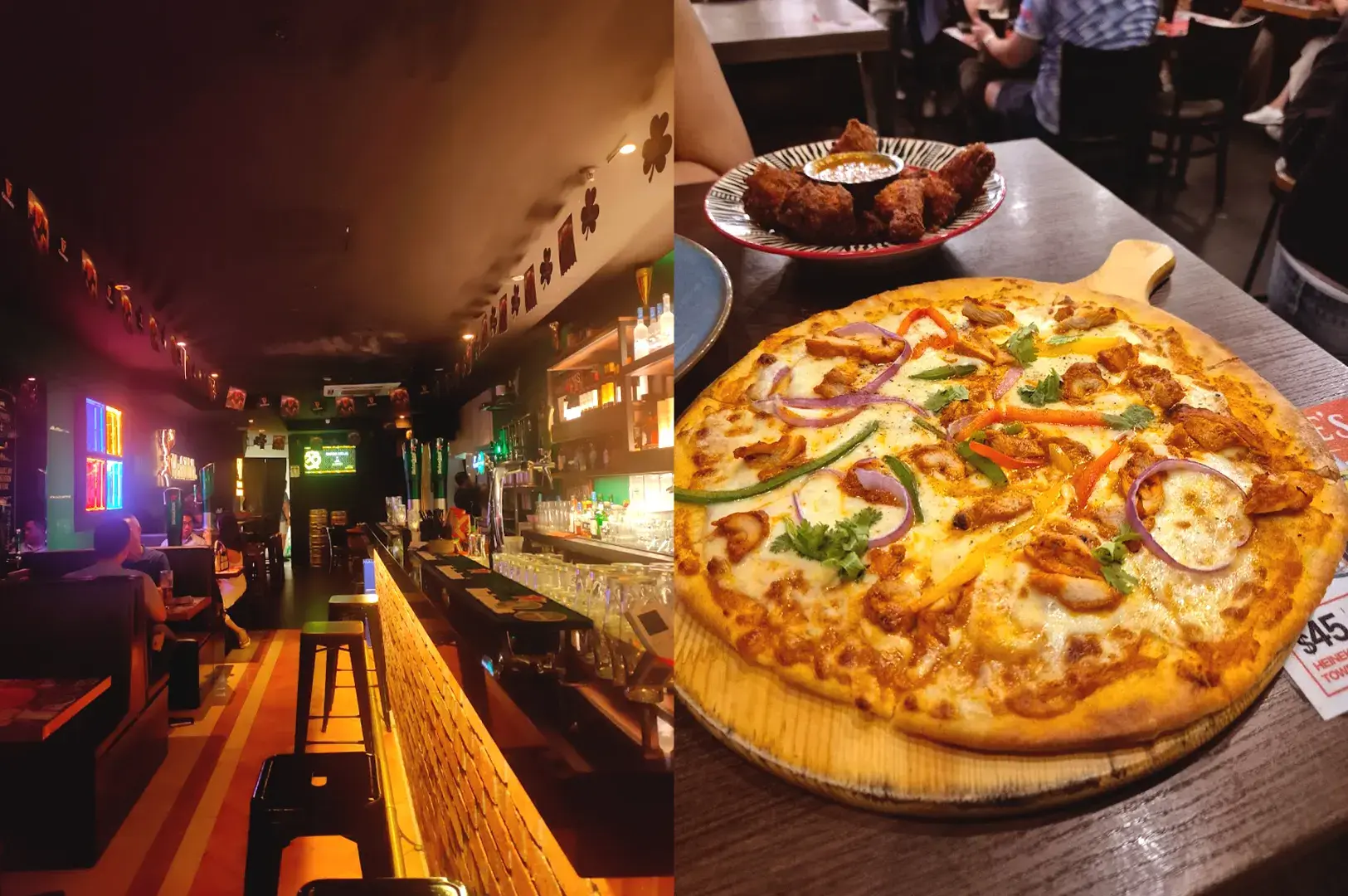 A split-view image highlighting the vibrant, dimly lit bar interior and lively atmosphere at Al Capone's Ristorante & Bar in Somerset, and a display of a gourmet thin-crust pizza and a side of wings, ideal for a late-night meal with friends.
