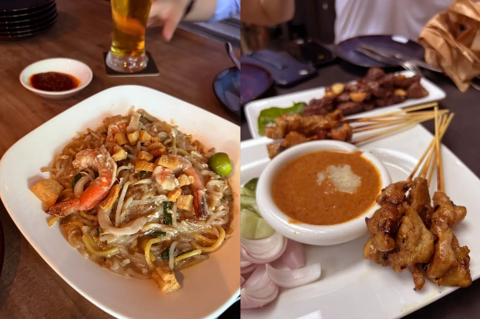 A close-up split view of popular food at KPO Café Bar, showcasing a plate of Hokkien Mee with prawns and a platter of Chicken Satay skewers with spicy peanut sauce.