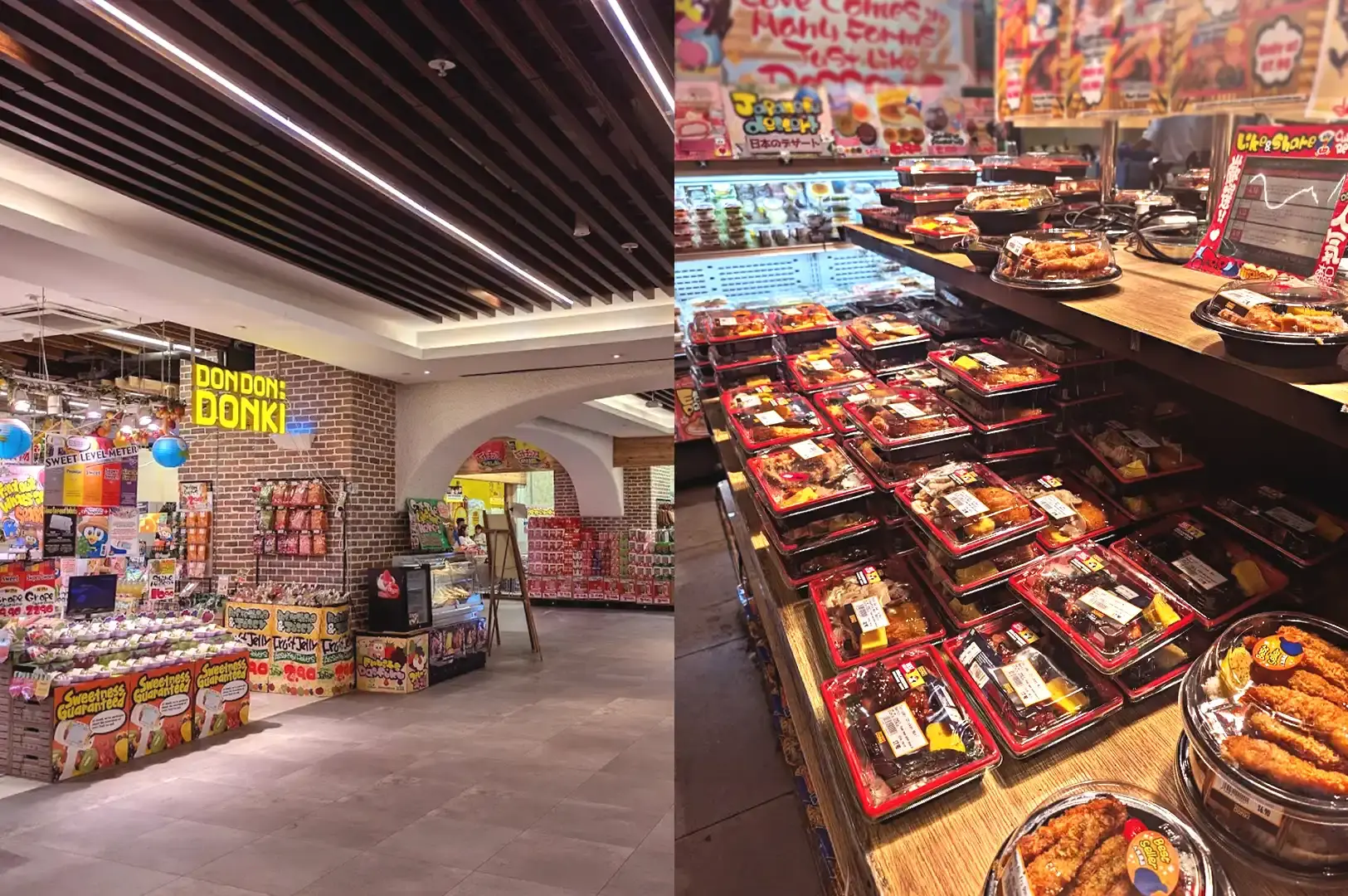 A split-image of the vibrant Don Don Donki at Somerset, showing a well-lit retail section featuring various food and snack displays at the storefront, and selection of packaged Japanese bento rice meals and ready-to-eat hot food items.