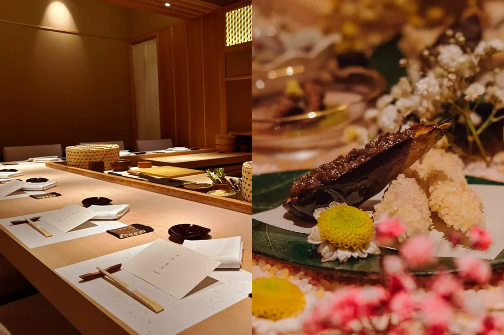 A split-view image of Sushi Katori in Tanjong Pagar, showcasing its elegant minimalist interior with a traditional wooden sushi counter and an artfully plated Edomae-style dish.