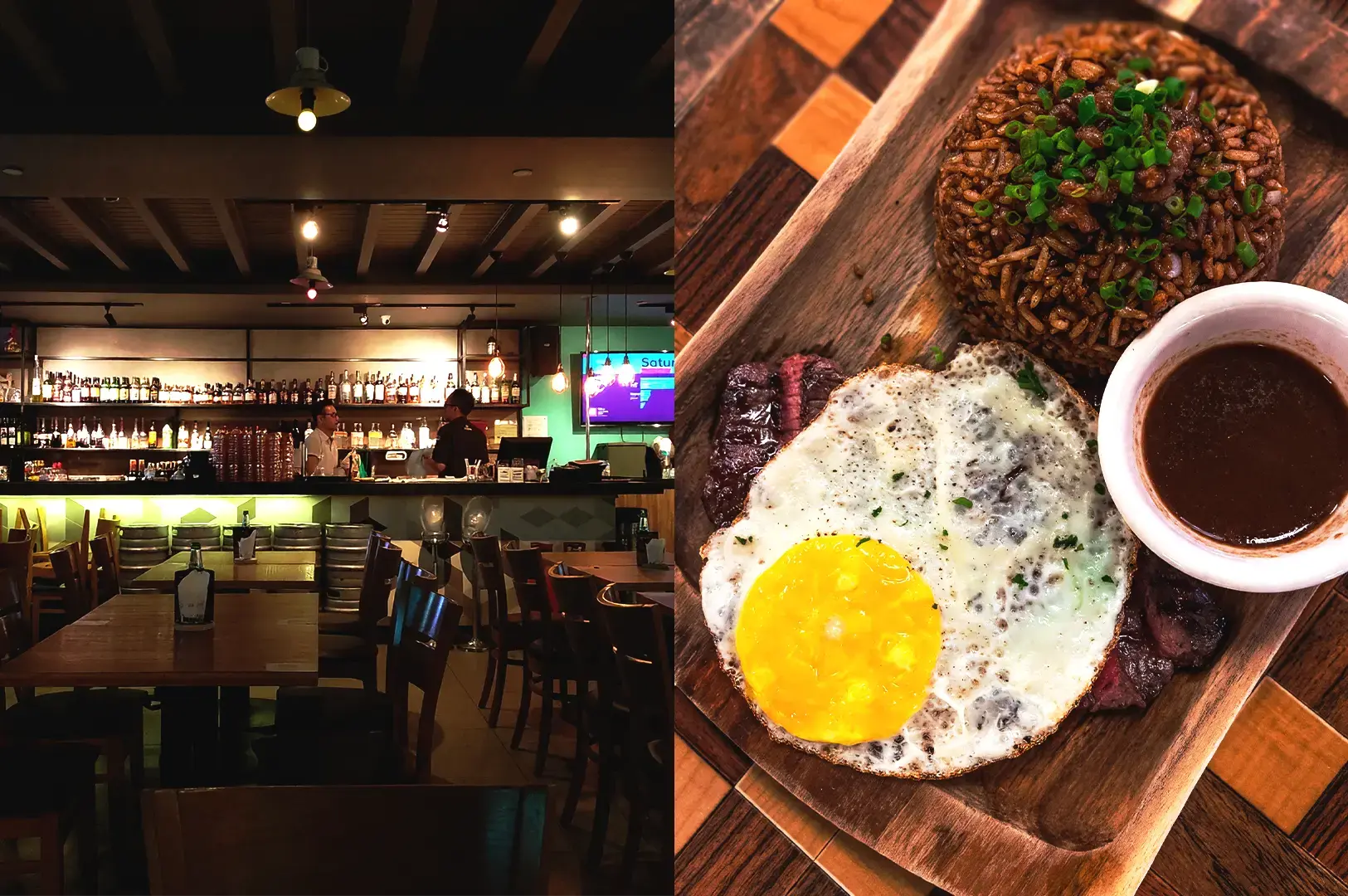 A split-view featuring the interior of Five Tapas Bar at Somerset with its rustic wooden tables and well-stocked bar, alongside a top-down view of their signature Wagyu Black Fried Rice.