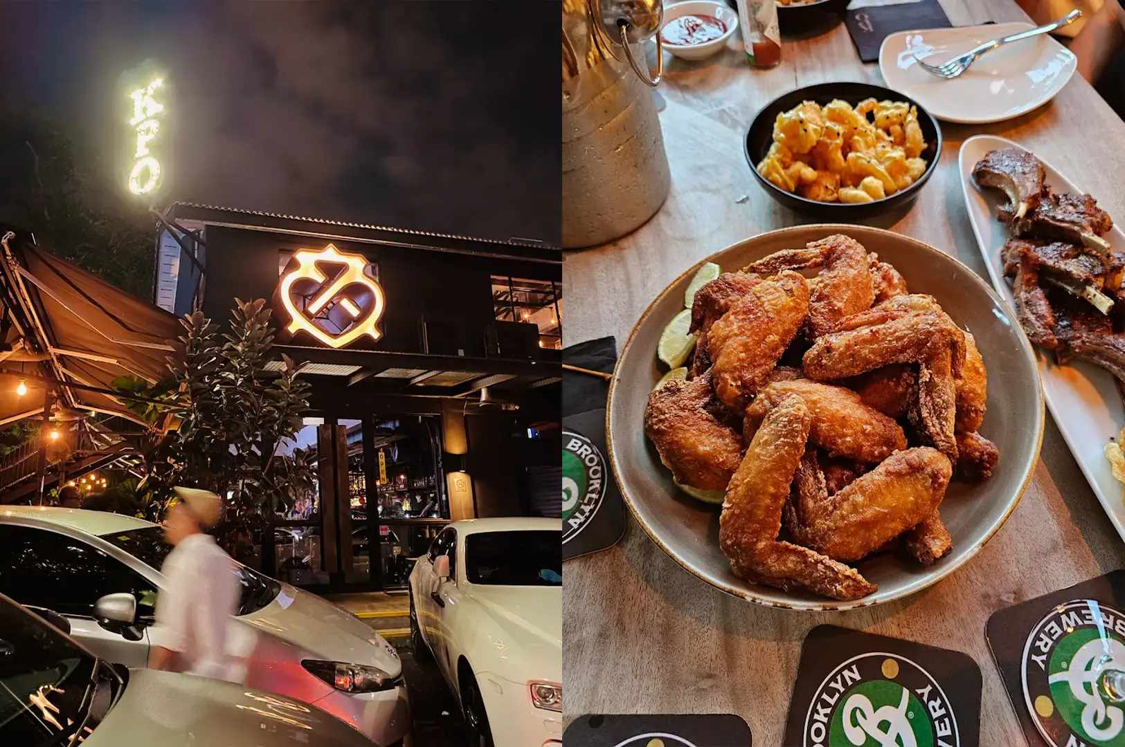 A split-view image of KPO Cafe Bar in Somerset featuring the vibrant nighttime exterior of the venue, and a display of mouth-watering spreads of late-night bar snacks, including crispy fried chicken wings and grilled meats, perfect for gatherings with friends.