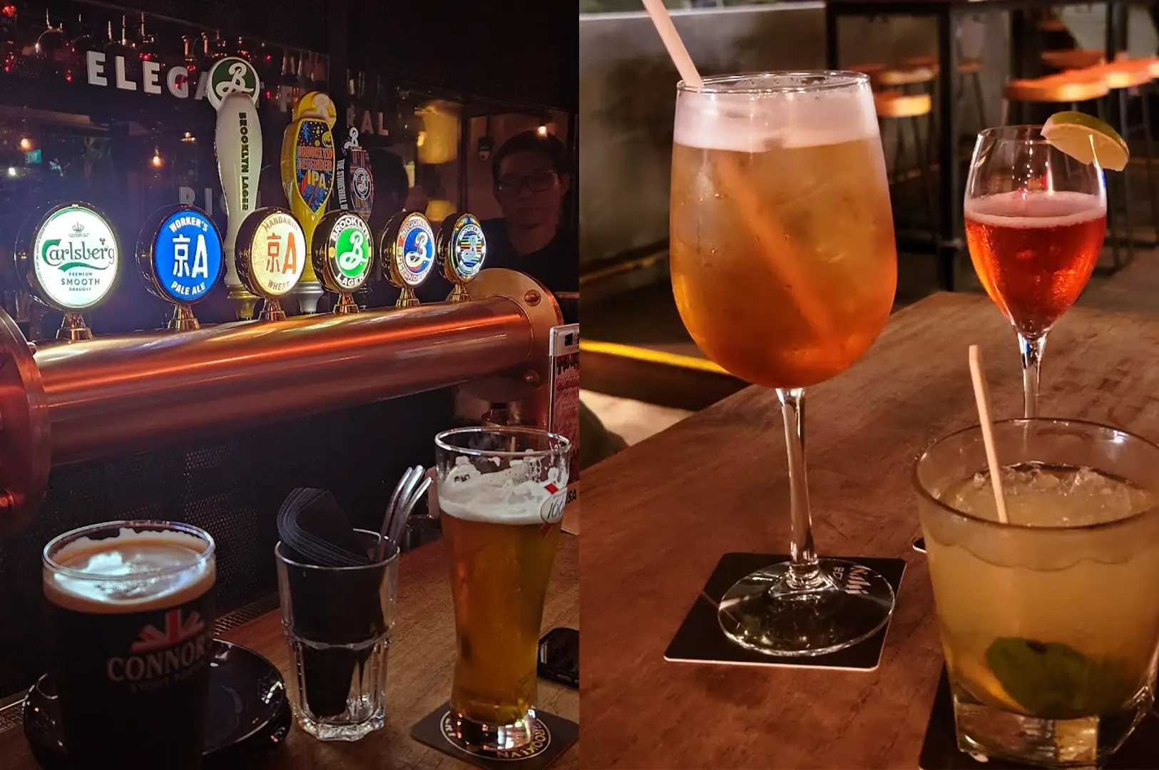 A selection of drinks at KPO Café Bar, including a line of branded beer taps and a variety of cocktails served in elegant glassware.