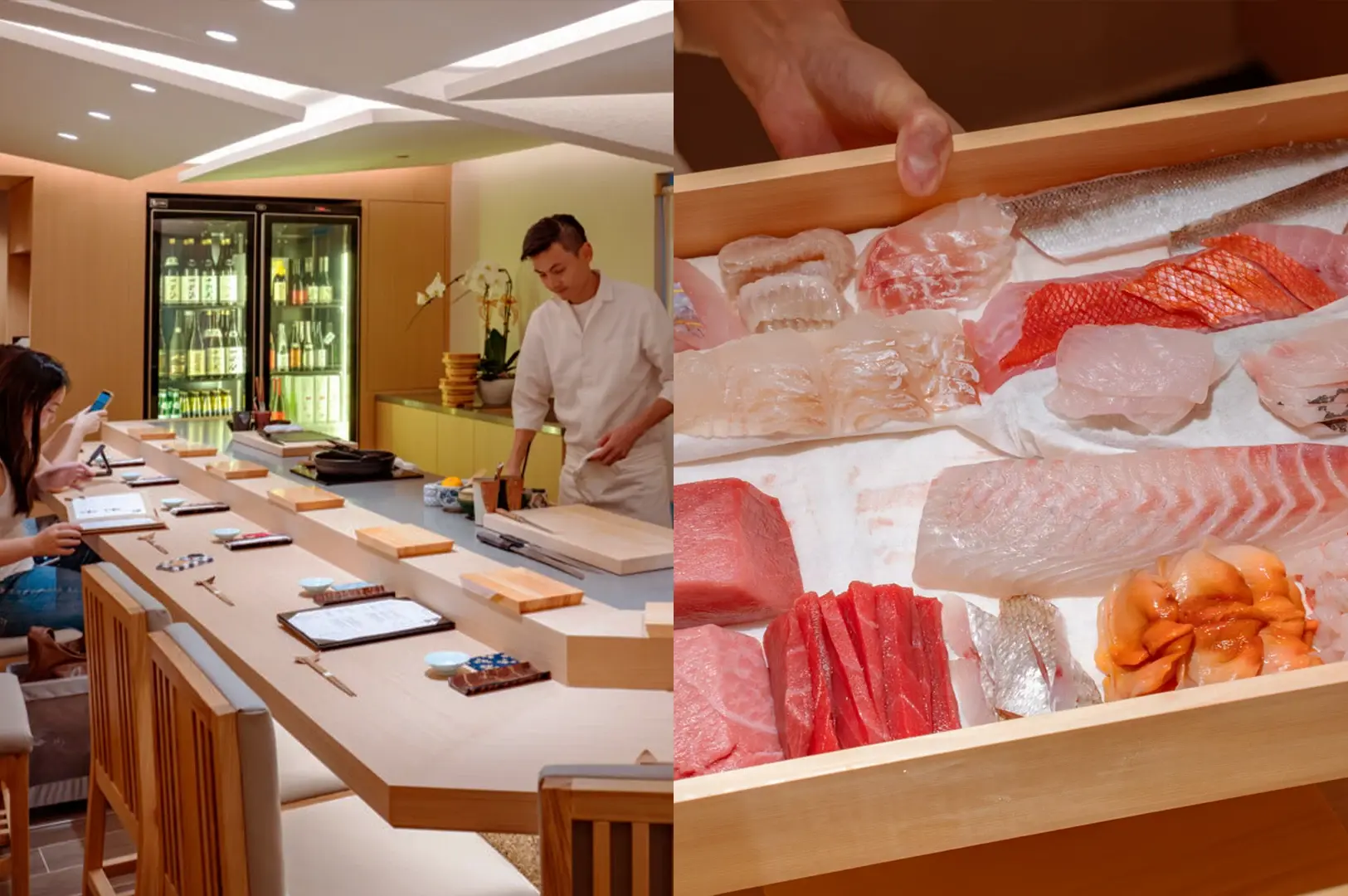 A split-view image of Sushi Muni in Tanjong Pagar, featuring a chef preparing ingredients at an elegant wooden counter alongside a close-up of a wooden box filled with fresh, premium sashimi cuts.