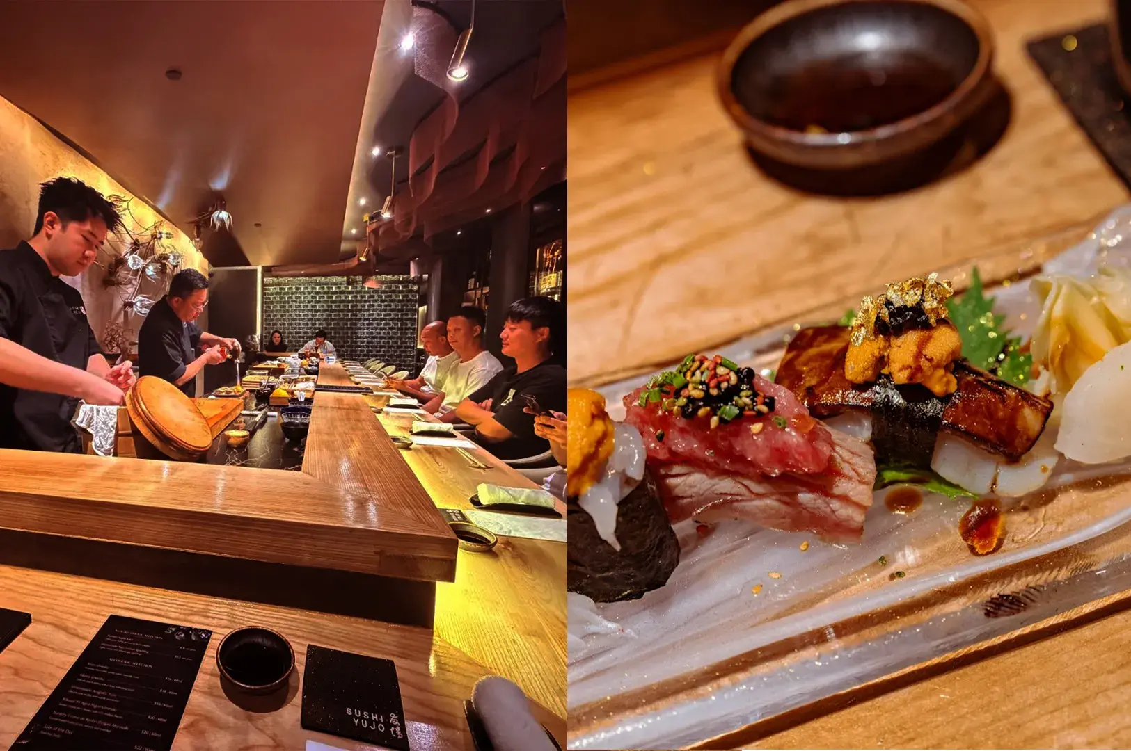 A split image showcasing the exclusive omakase counter experience at Sushi Yujo in Tanjong Pagar, featuring a close-up of premium sushi, highlighting this top-rated Japanese dining destination.