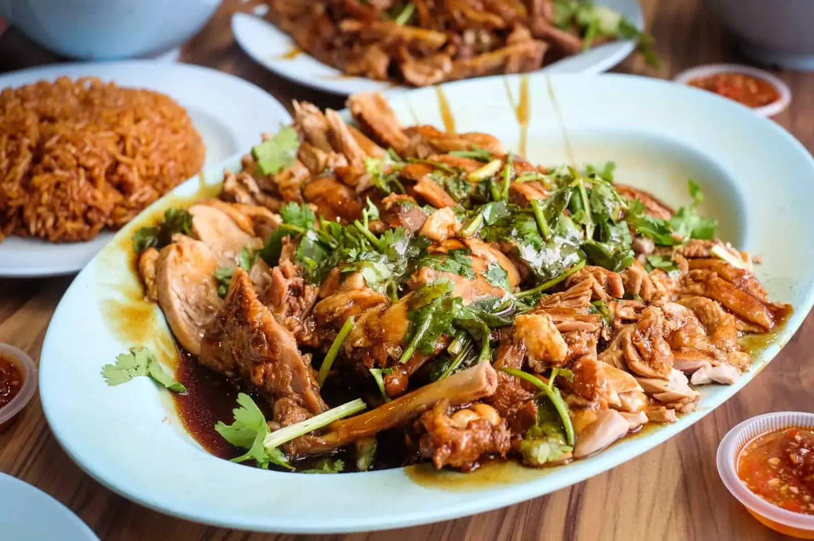 A serving of succulent braised duck with aromatic sauce and fresh cilantro, showcasing the authentic and comforting local cuisine found in Geylang's traditional eateries.